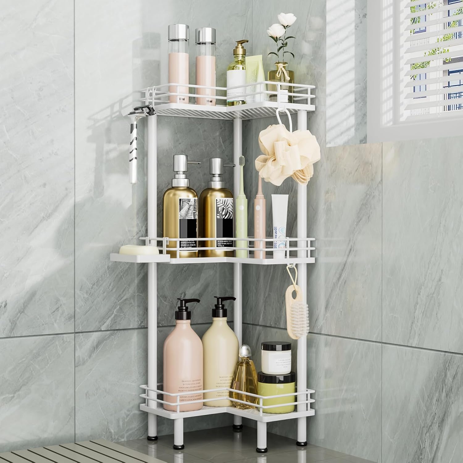 Consumest Corner Shower Caddy Standing - 3-Tier Stainless Steel Shower Organizer with Soap Holder and 4 Hooks Large