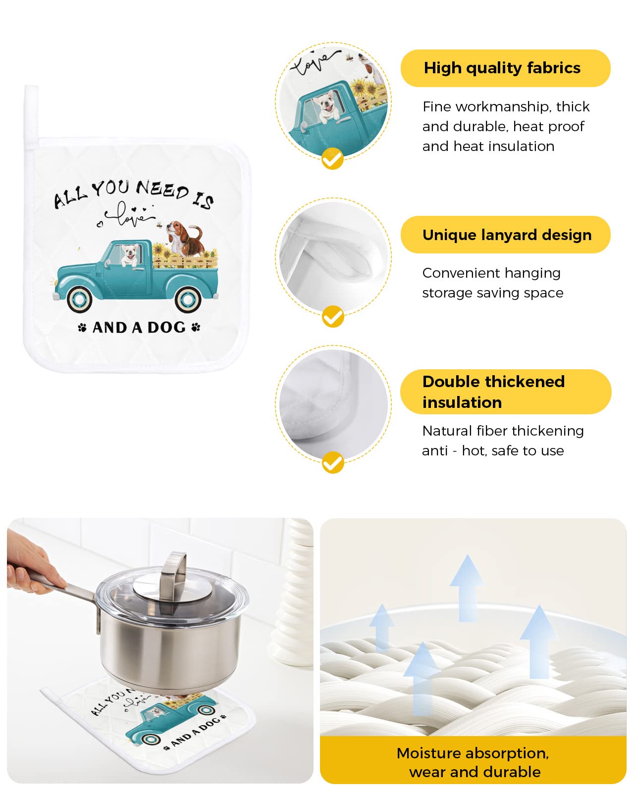4 PCS Pot Holders with Hanging Loops, Blue Truck with French Bulldog Sunflower Fence Heatresistant Potholders Coasters Mat for Kitchen Cooking Baking BBQ White All You Need is Love and A Dog