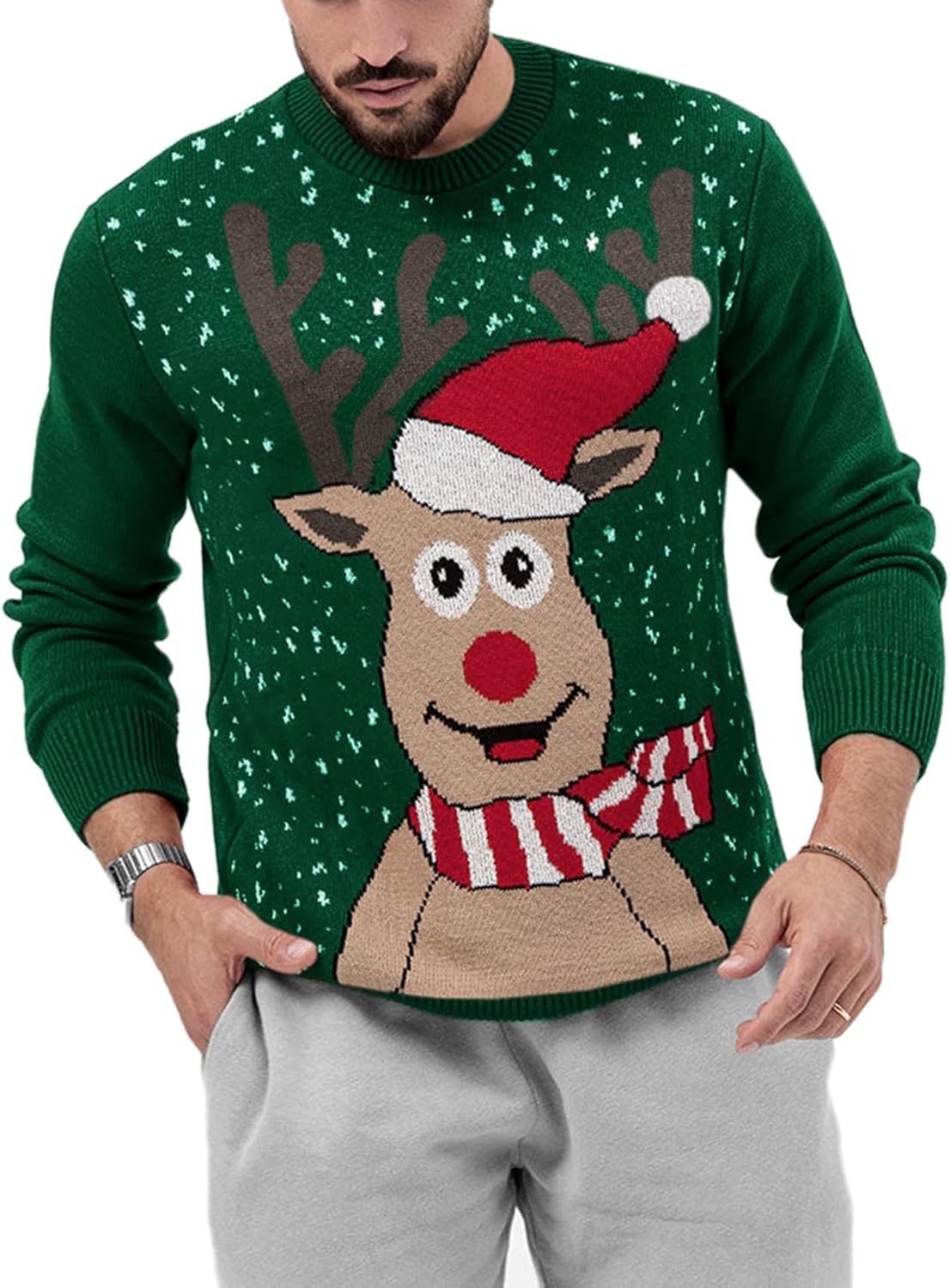 Karlywindow Mens Ugly Christmas Sweater Holiday Reindeer Snowflake Santa Soft Pullover Long Sleeve Knitted Sweaters