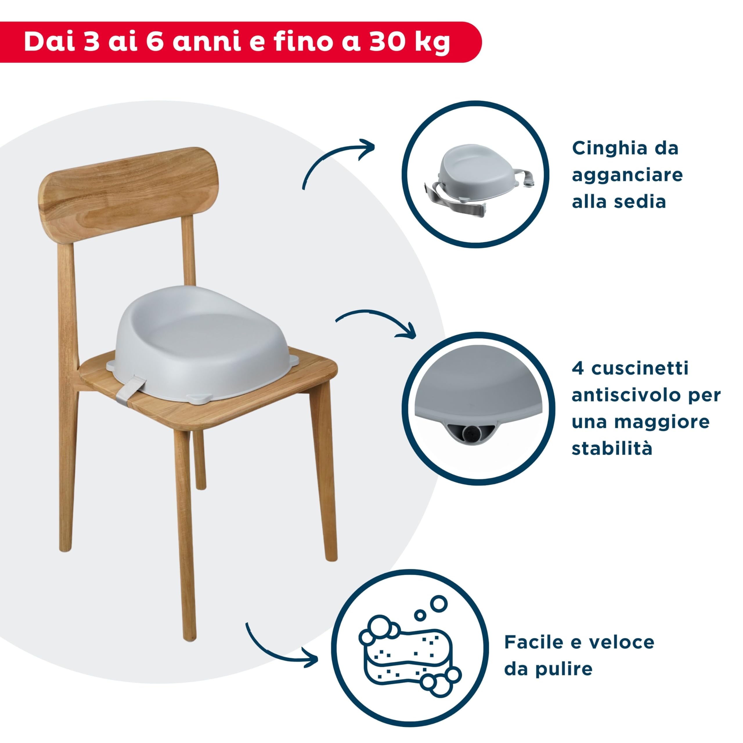 THERMOBABY - Rialzo per sedia EASY - Rialzo - Dai 3 ai 6 anni (o fino a 30 kg) - Confortevole - Leggero e Trasportabile - Facile da installare - Grigio Charme - Made in France