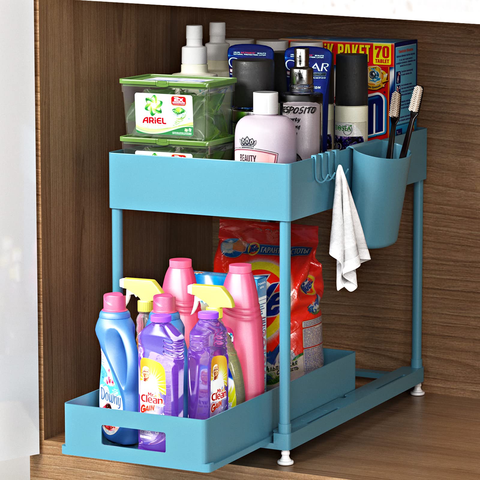 NYYTGE Under Sink Organizer Under Bathroom Cabinet Storage 2 Tier Storage Rack with 4 Hooks, Under Cabinet Organizer Baskets, Multi-purpose Under Sink Shelf Organizer for Bathroom Kitchen
