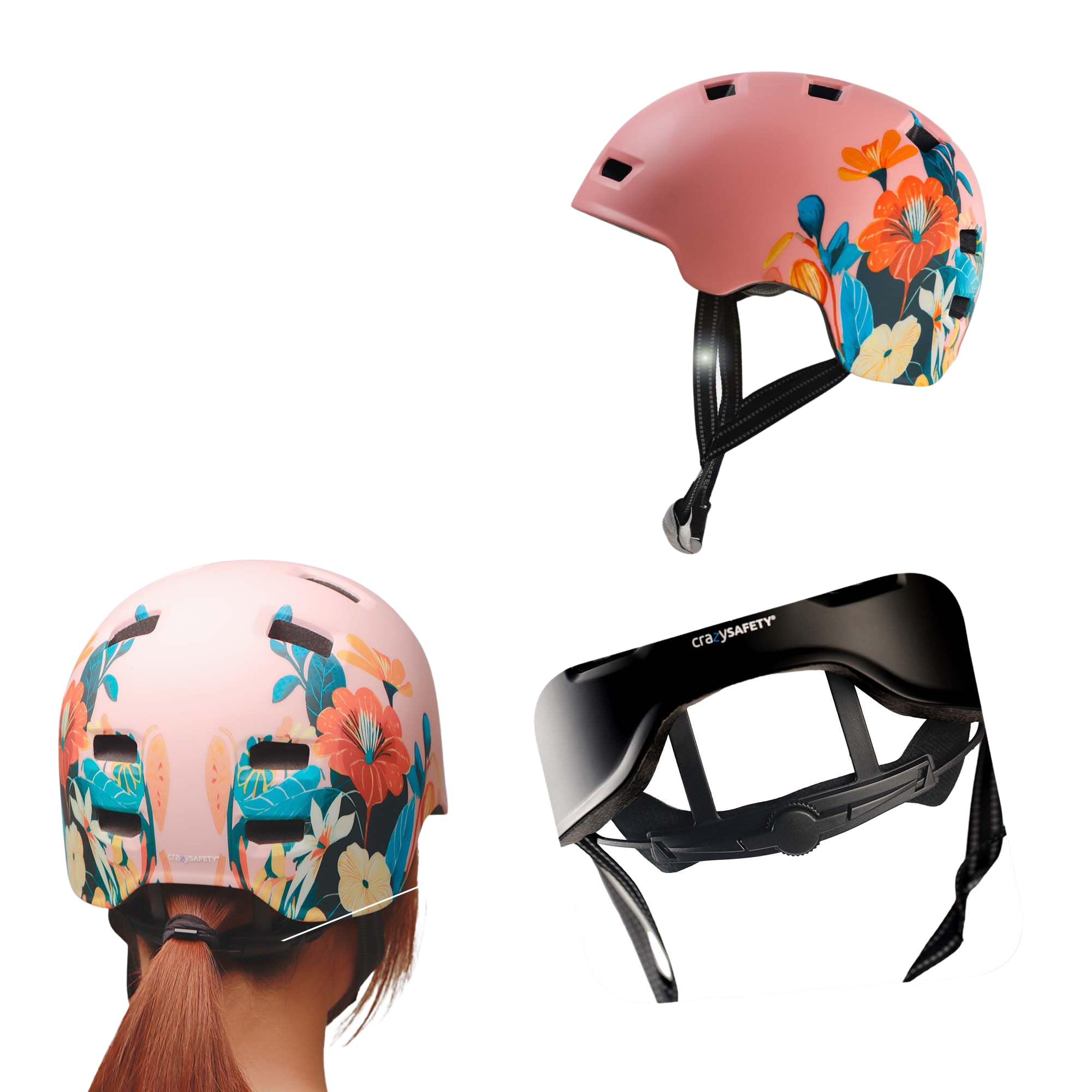 Crazy Safety Rampage Fleur Rose | Casque pour vélo, Skateboard, Rollers et BMX | Casque de vélo pour Hommes, Femmes et Enfants | L (57-61cm) | Casque Ajustable pour skateurs et Cyclistes