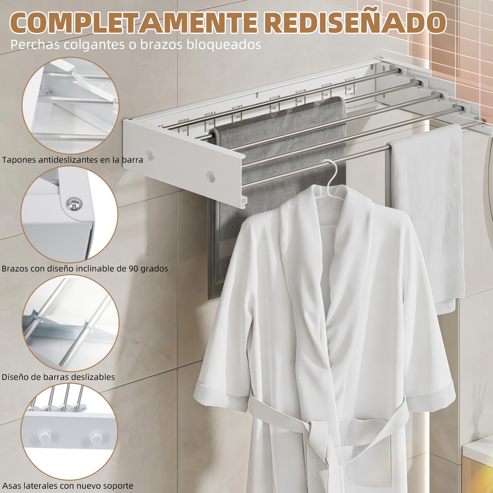 Tendedero de pared de acero al carbono, 60 cm, tendedero extensible con 4 ganchos, capacidad de carga de 25 kg, toallero de ahorro de espacio, adecuado para balcones, terrazas y baños (blanco)