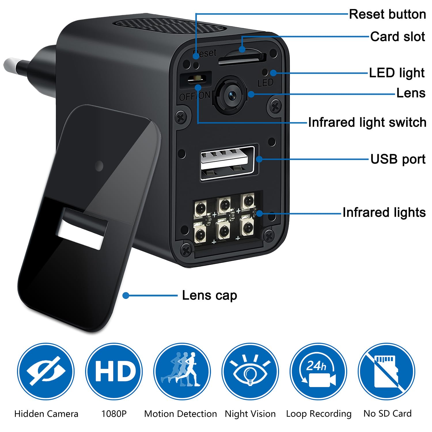 Caméra Espion Caméra Cachée 1080P USB Chargeur Mini Camera de Surveillance USB Caméra de Nounou Portable avec Détecteur de Mouvement, caméra de sécurité compacte (No APP)