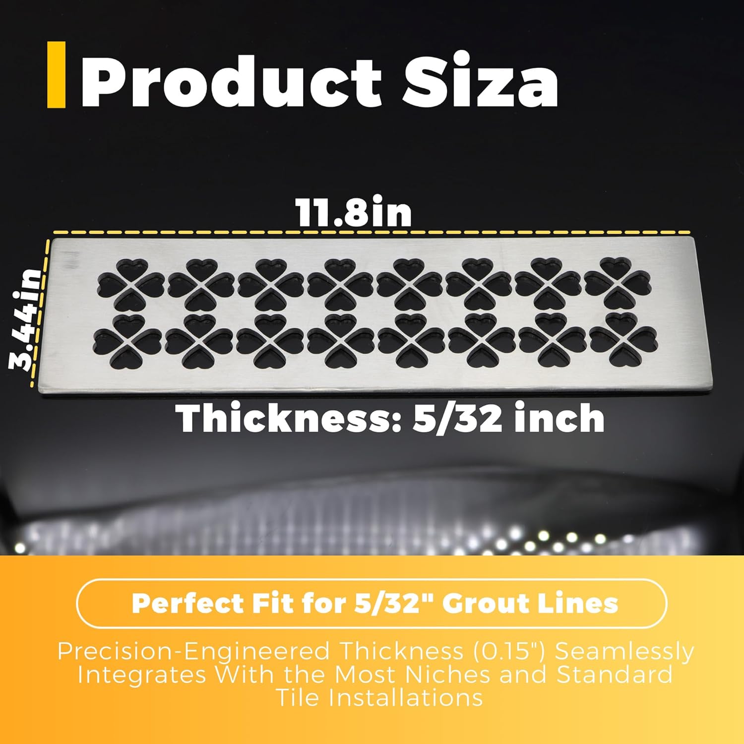 Shower Niche Shelf - 304 Stainless Steel Brushed Silver Bathroom Shelf with Lucky Clover Pattern Design, Fits 5/32" Grout Lines (11.81" L x 3.44" W)