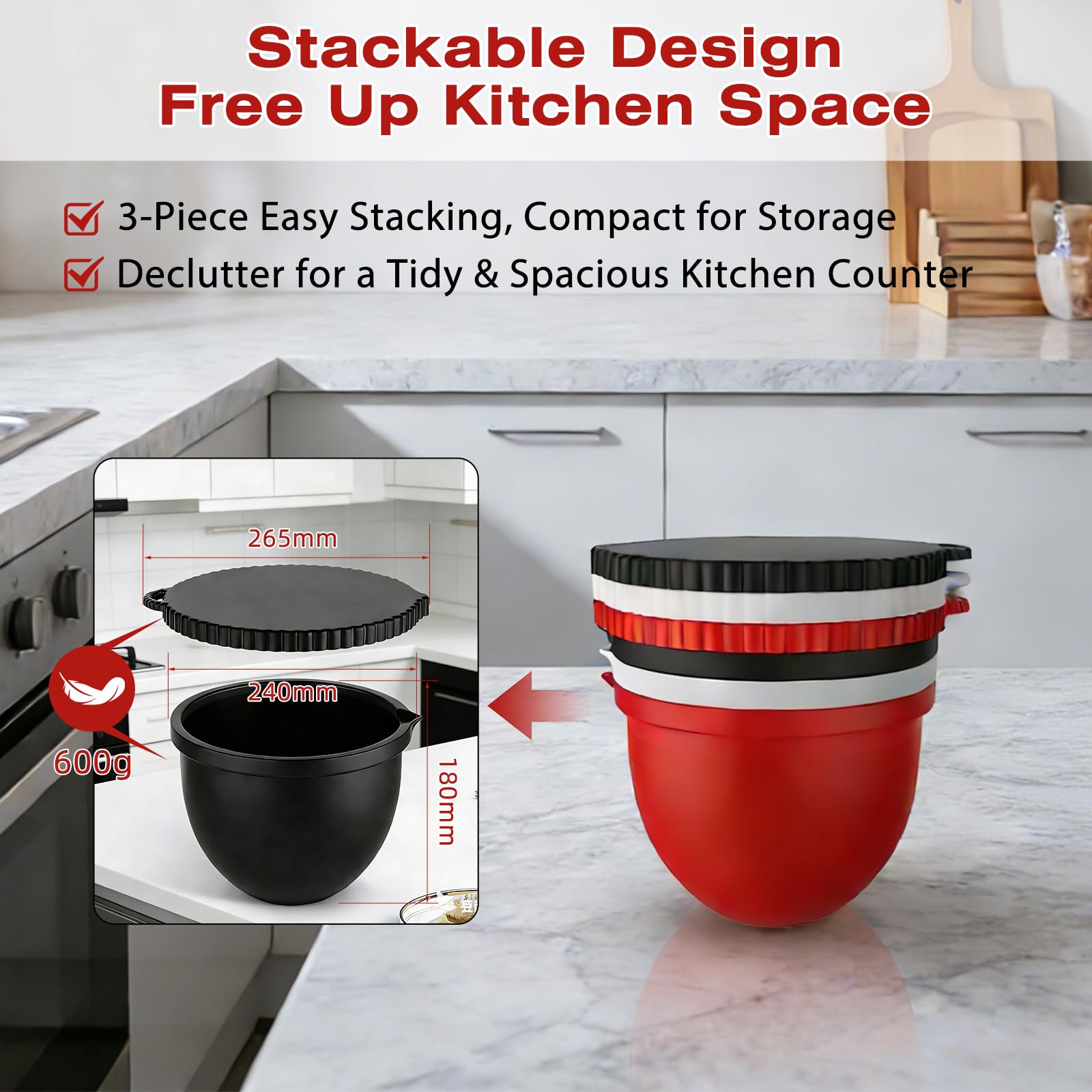 3 Forros de Silicona para Batidora, Compatibles con Kitchenaid Accesorios, Bol de 5 Qt con Tapa, Insertos de Silicona para Batidora, Antidesplome Reforzado, Apilables, para Hornear/Cocinar