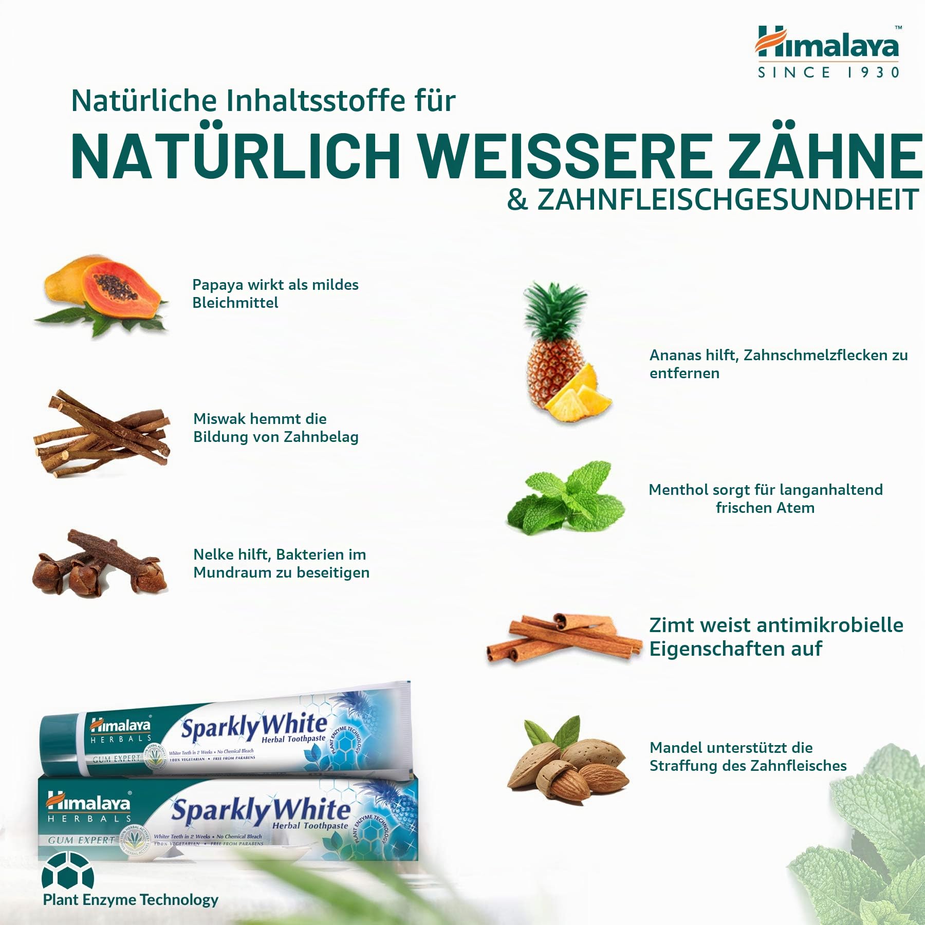 Himalaya Funkelndes Weiß Kaugummi-Experte Kräuter-Zahnpasta, Minze, 75 ml (Packung mit 3) – Ansicht 3