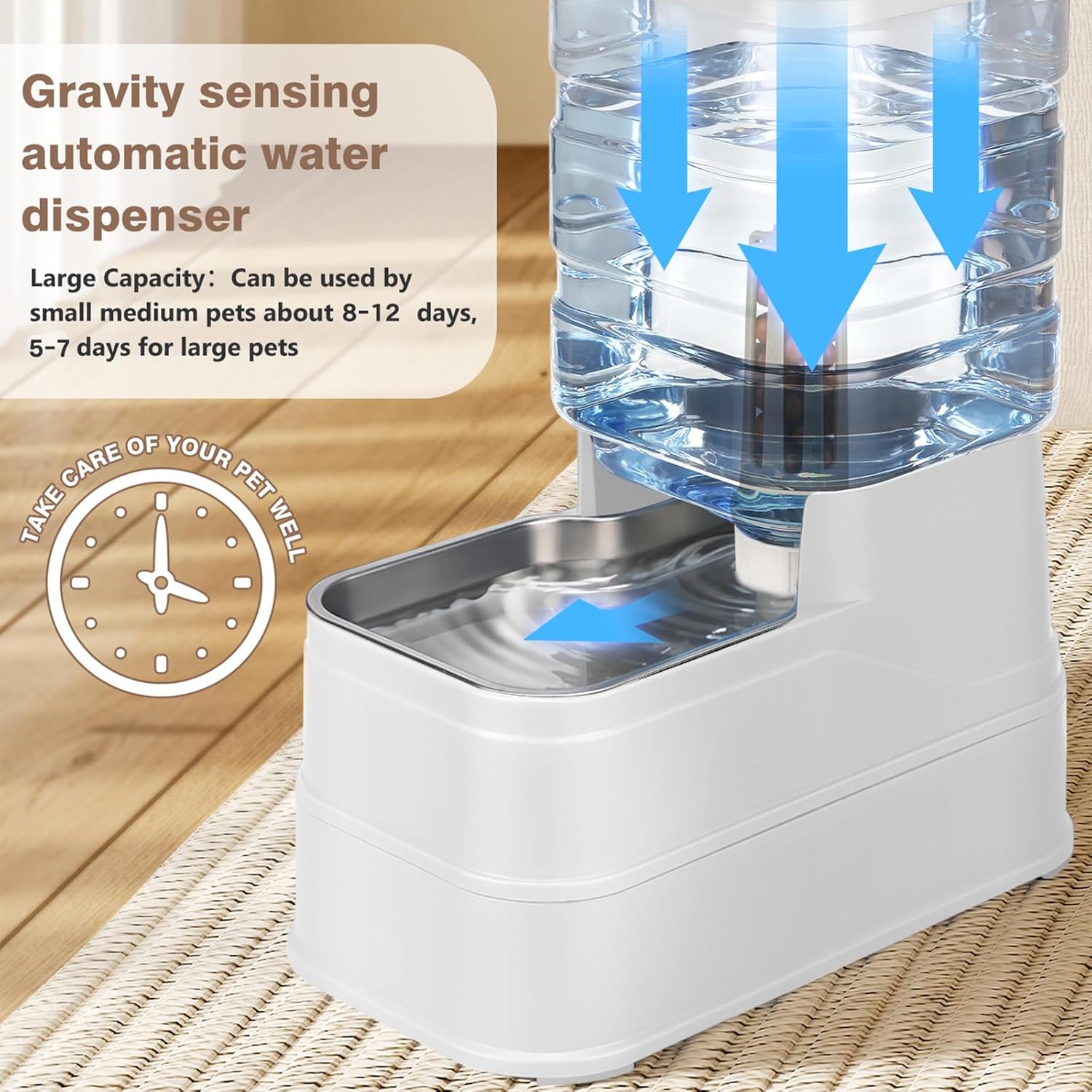 1.1 Gallon Pet Automatic Dog Water Dispenser Cat Gravity Waterer Feeder with Stainless Steel Bowl Large Capacity Puppy Feeding Raised Bowls with Filter,Ice Pack (White, 4L(1.1 Gallon))