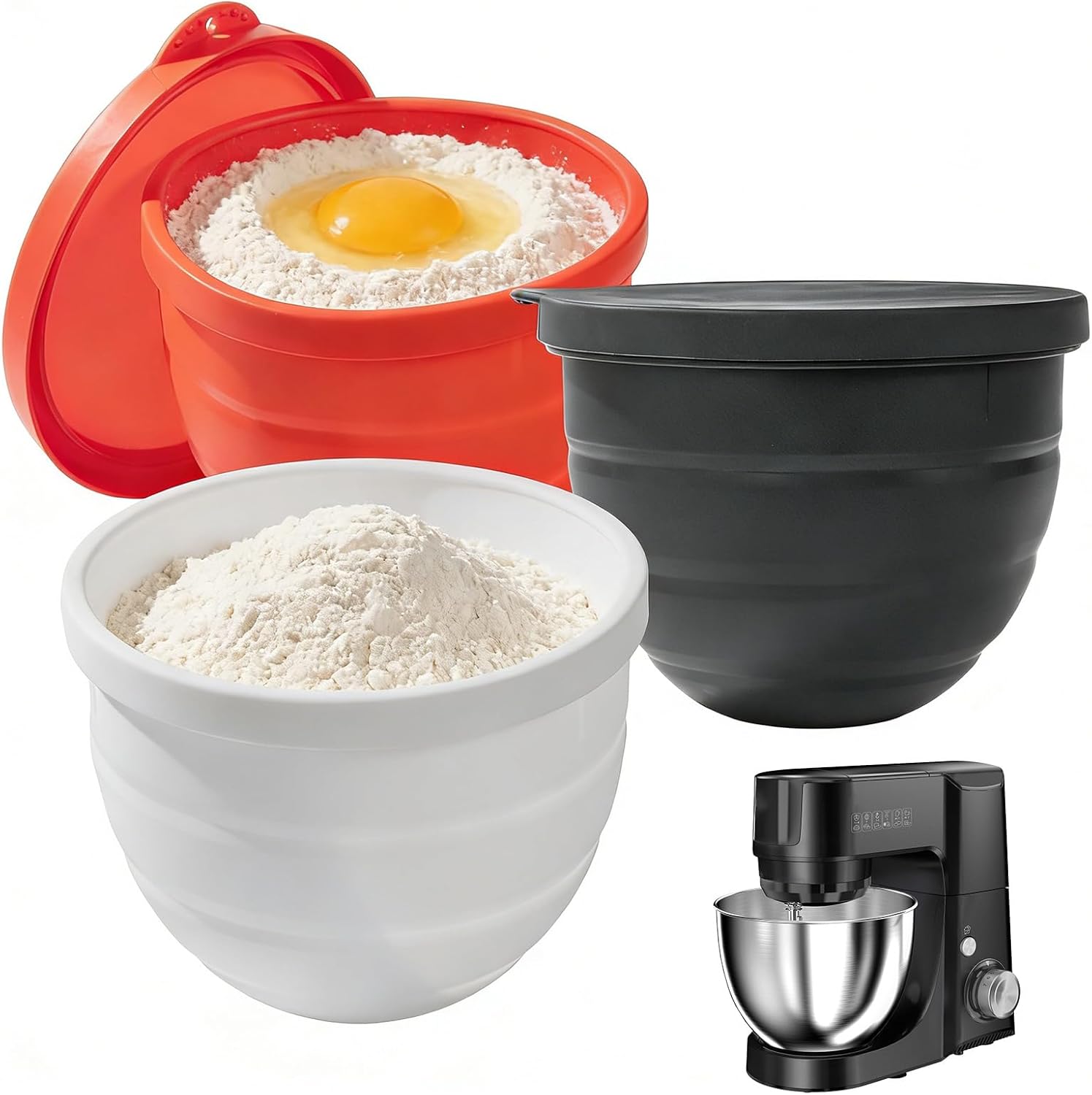 3Pcs Silicone Bowl Liners with Lids for KitchenAid 5QT Tilt‑Head Stand Mixer, Collapsible Thick Food‑Grade Mixing Bowl Insert, Heat Resistant, Non‑Stick, Dishwasher Safe Reusable Mixer Accessories