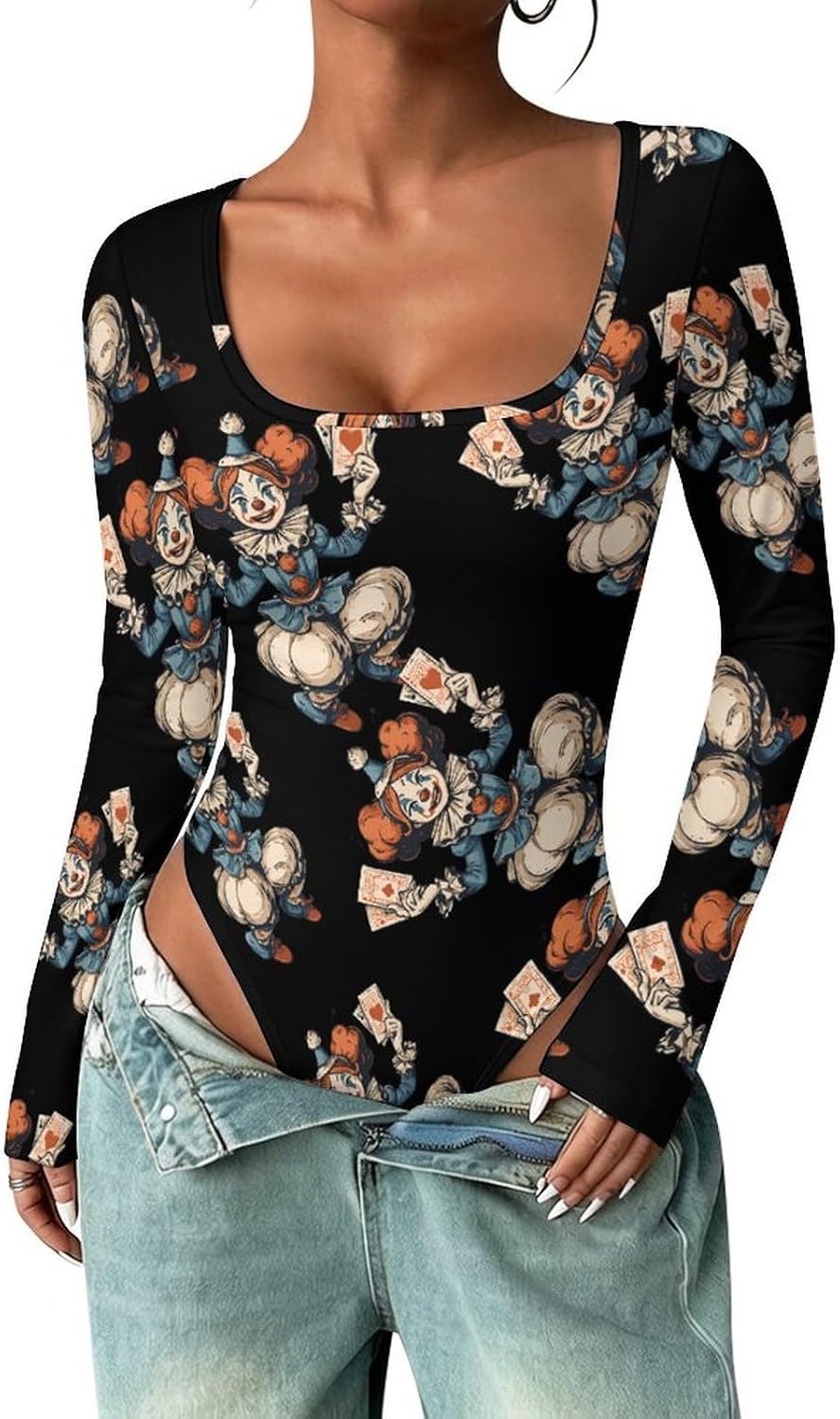 Clown Lady Playing Cards Women's Bodysuits Long Sleeve Top 5XL