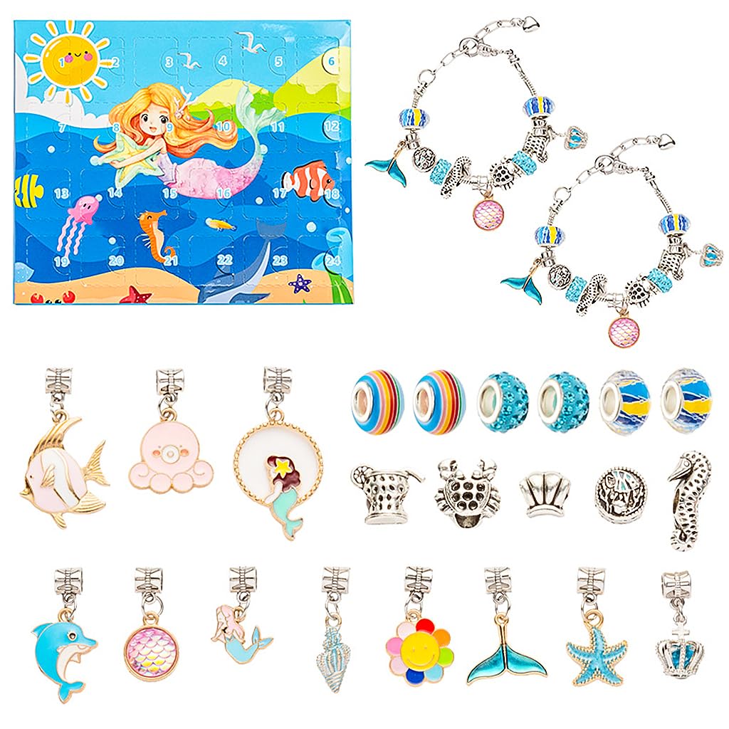 PATPATPATPAT® 24Pcs Bracelet Making Gift Box Set Blue Mermaid DIY Bracelet Making Kit for Girls Assorted Alloy Bracelet Charms for DIY Bangle Making Friendship Bracelet Making DIY Christmas Gift, Cotton