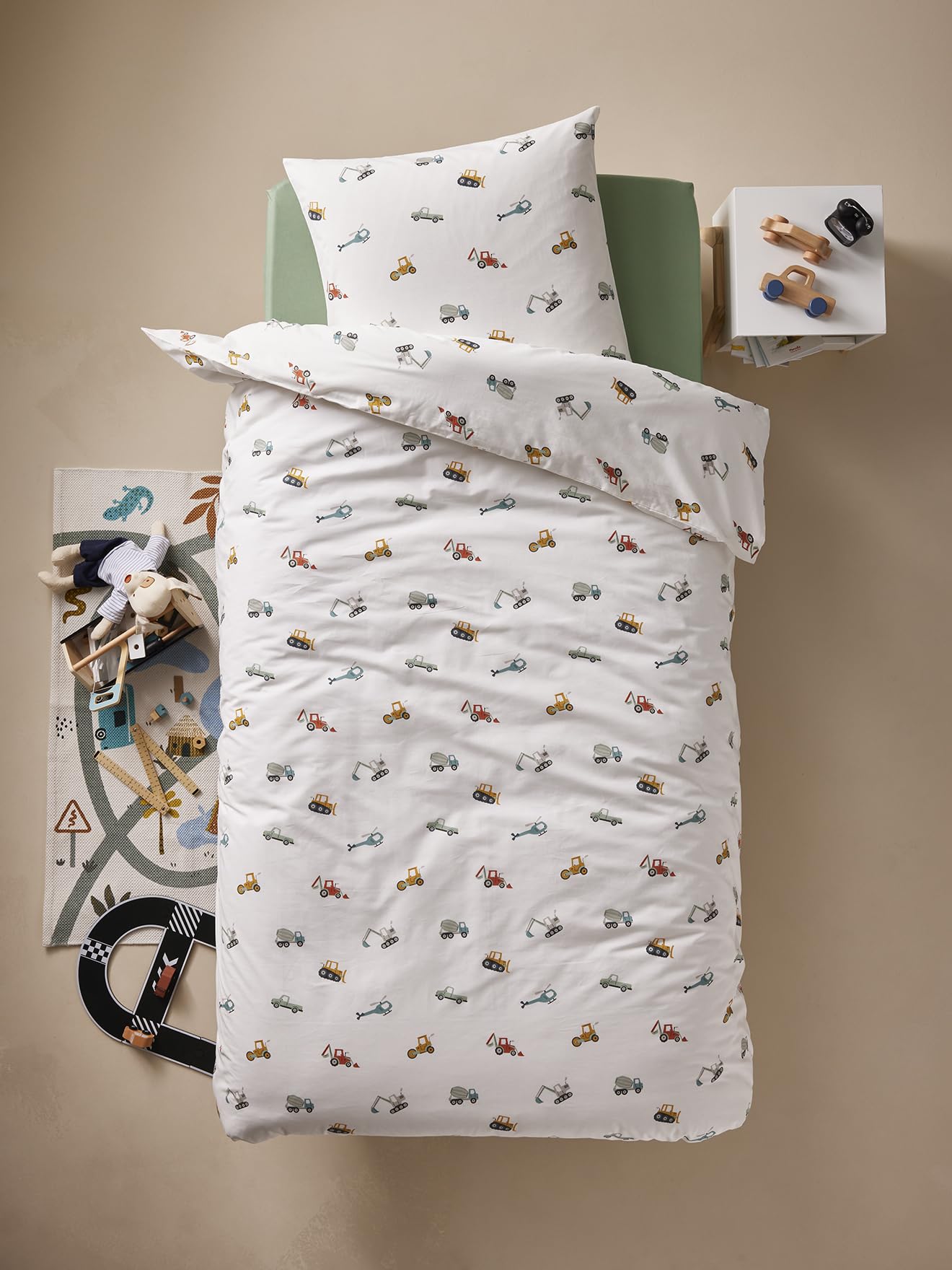 Parure De Lit Enfant Chantier - Housse De Couette + Taie 140x200 Cm - Coton Recyclé - Motifs Engins