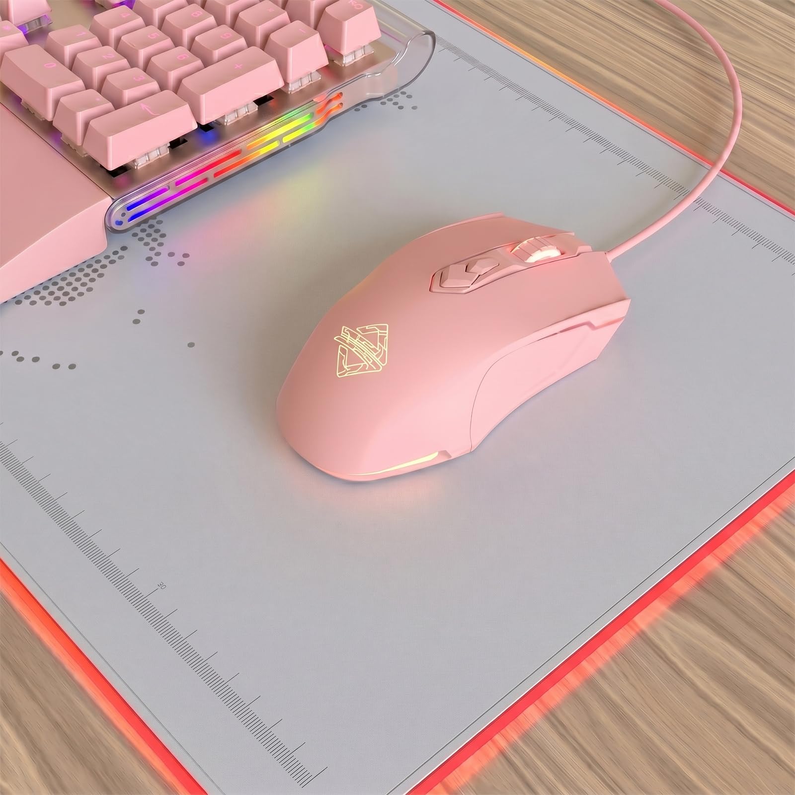 Lomiluskr AJ52 przewodowa mysz do gier, 7 programowalnych przycisków, myszy komputerowe z podświetleniem RGB LED, regulacja 200-4800 DPI, do Windows/Mac OS/Linux (różowa)