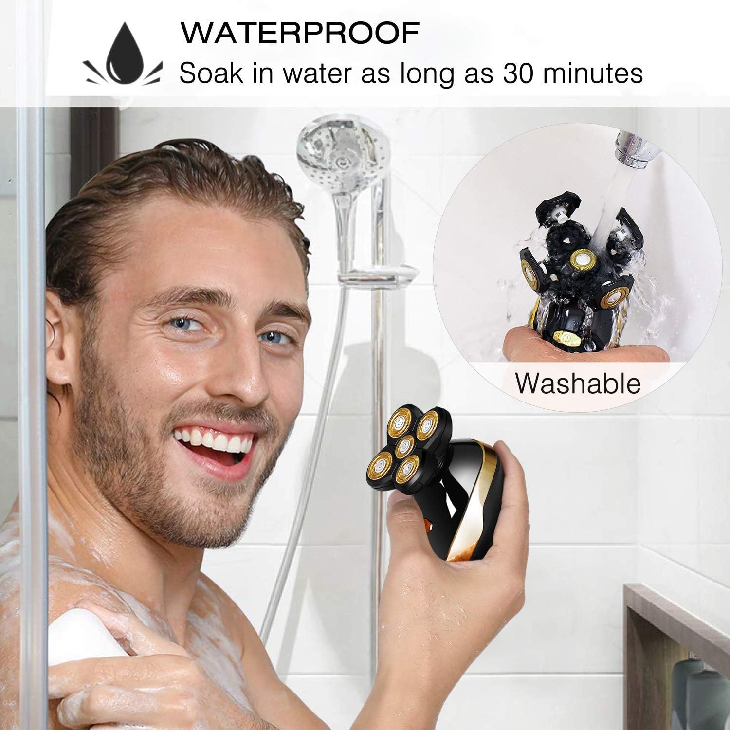 Head Shavers for Bald Men, 5 in1 wet dry facial boby grooming shaver rechargeable electric shaver bald head electric razor beard hair shaving machine (Color : Gold)