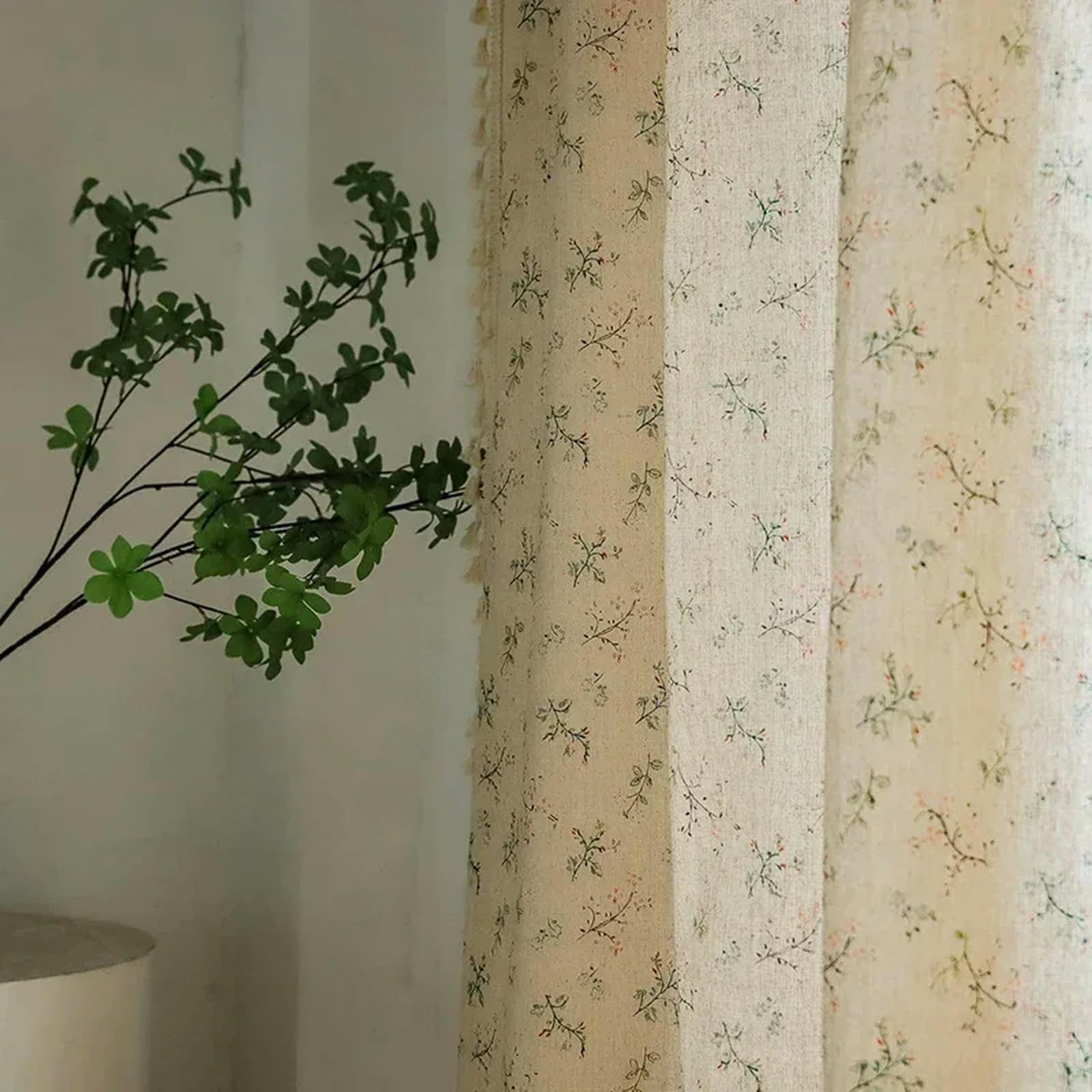Zasłony wiejskie z kwiatami Półzaciemniające zasłony do salonu Bawełniana lniana Zasłony w stylu boho 1 sztuka Beżowy frędzel Kieszeń na drążek