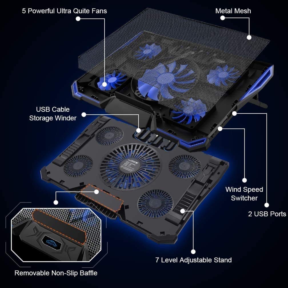12-17 Inch Gaming Laptop Cooler Cooling Pad 5 Quiet Fans USB Powered Blue LED Light 7 Level Adjustable Mount Stands