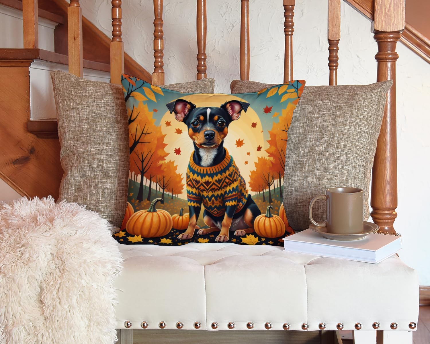 Caroline's Treasures Miniature Pinscher Fall Fabric Decorative Pillow 100% Machine Washable Pillow, Indoor or Outdoor Decorative Throw Pillow for Couch, Bed or Patio