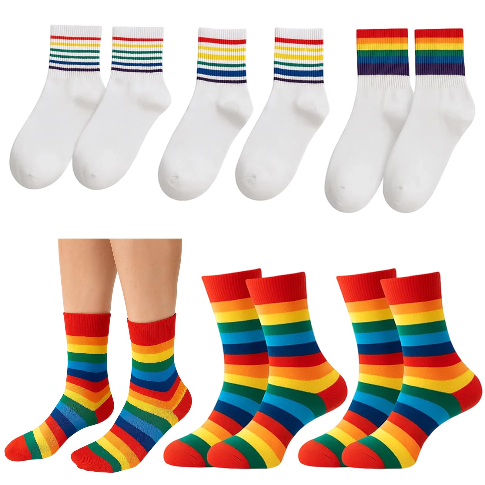 6 Pairs Rainbow Pride Socks, Unisex Colorful Stripe Socks for Everyday Wear, Sports and Celebration, White and Red Cuff Options