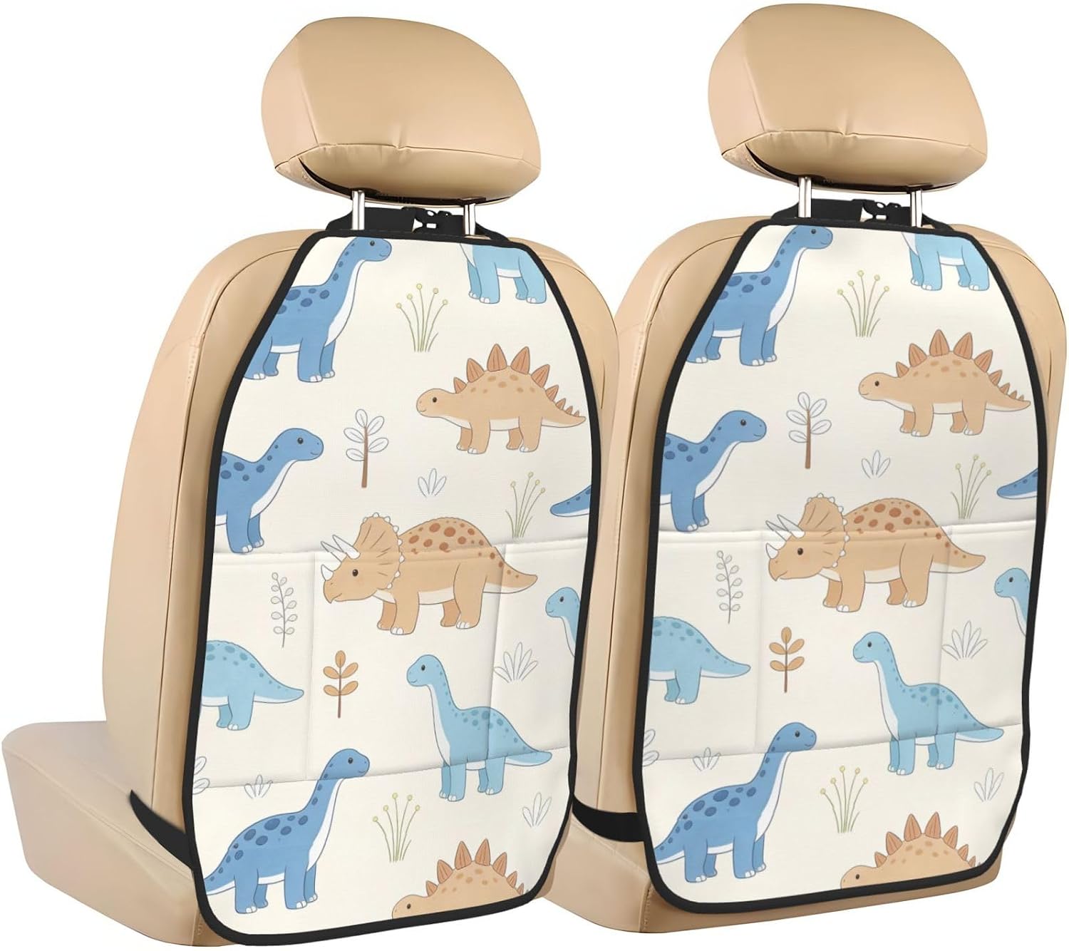 Minimalist Watercolor Dinosaur Nursery Room Pattern Car Seat Back Kick Protector 2 Pack, 18.5x26.4 Inch Anti-Kick Pad, Waterproof Oxford Fabric Large Rear Seat Cover for Kids Pets Fits SUV Jee