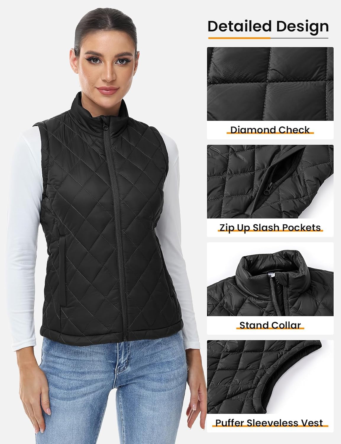 TBMPOY Women's Lightweight Quilted Vest Outerwear Puffer Sleeveless Jacket Windproof Winter Warm Stand Collar with 4 Pockets - Image 5