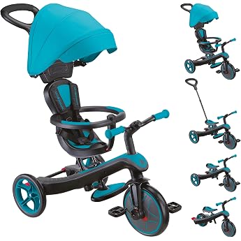 GLOBBER Explorer Trike 4-in-1 Pro in Turquoise - Tricycle Balance Bike and Pushchair in 10/8.5 Inch - TPR Seat - Height-Adjustable Children's Vehicle