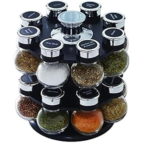 Kamenstein 16 Jar Ellington Revolving Countertop Spice Rack with Lift & Pour Caps and Spices Included, FREE Spice Refills for 5 Years: Black and Chrome