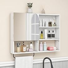 Wooden Bathroom Organizers, Over The Toilet Storage Cabinet with 2 Doors, Adjustable Shelves & Towel Bar, Wall Mounted Medicine Cabinet for Laundry with Mirror, White