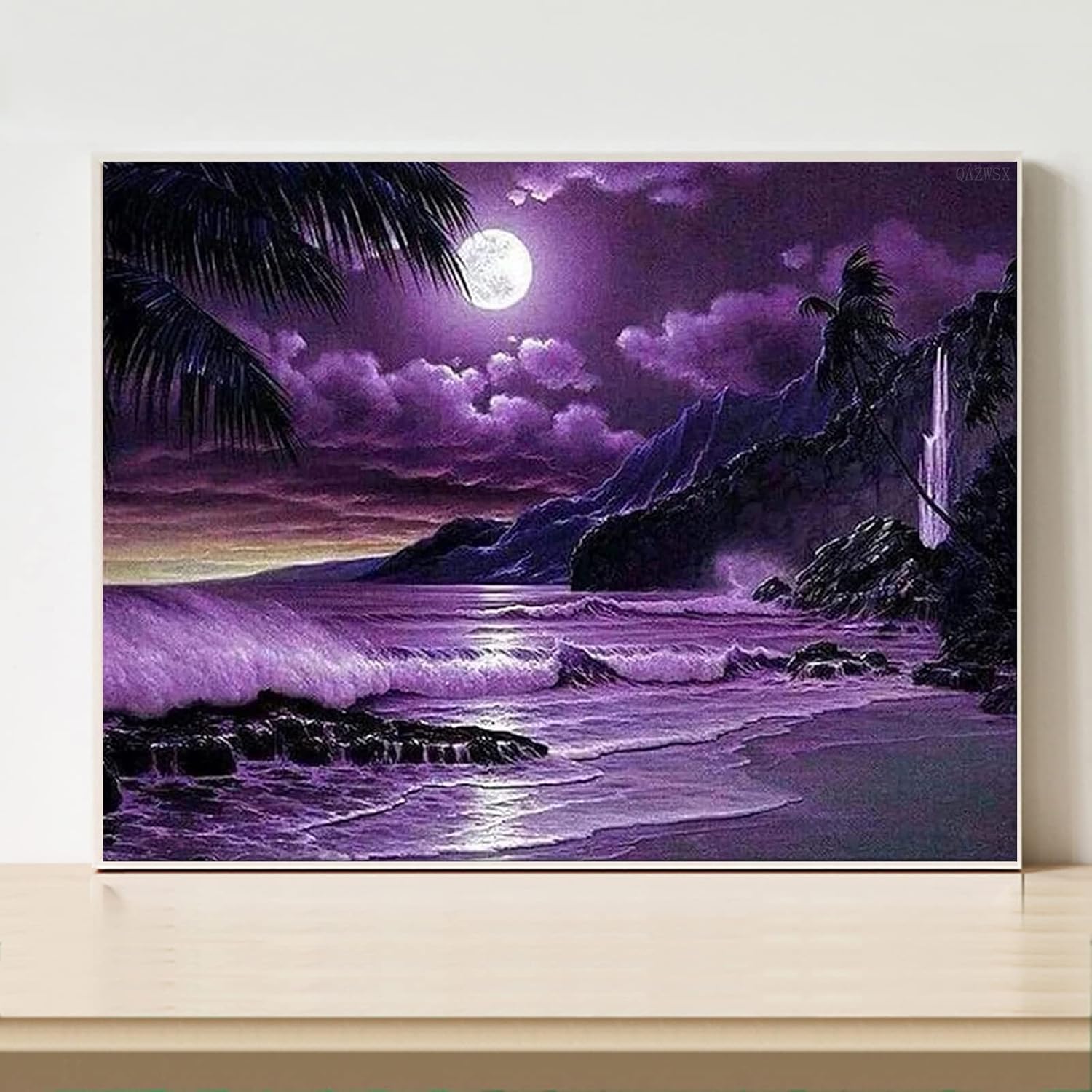 QAZWSX Diamond Painting Kits, Purple Sea Scenery 5D DIY Full Drill Diamond Art for Adults Crystal Rhinestone Embroidery Cross Stitch Craft for Home Wall Decor Gift Round Drill, 30x40cm(12x16in)
