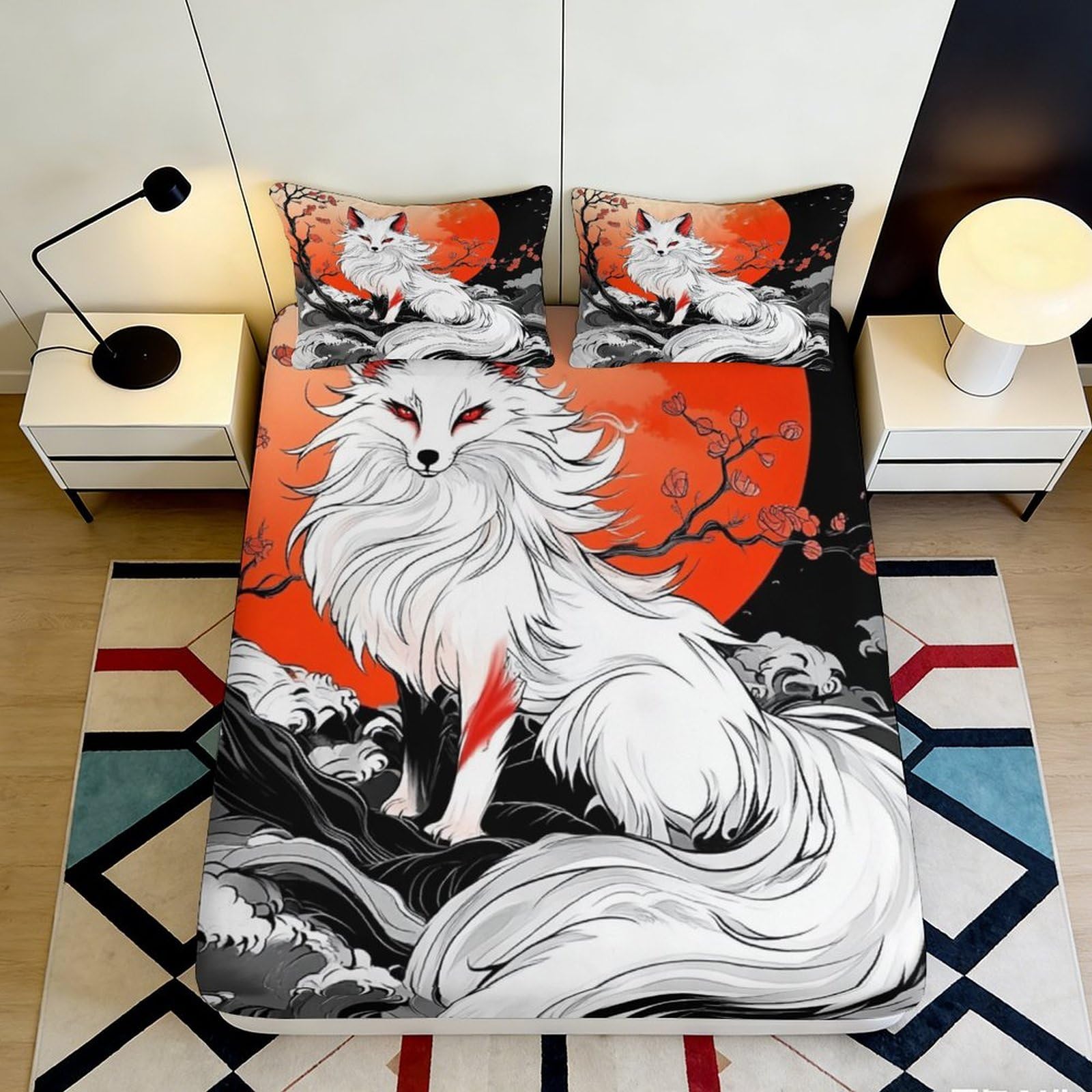 Qjzxknhpgr Style-10 3D Printed White Fox Fitted Sheet Microfiber Soft Breathable Red Moon Bed Cover For Bedroom Dorm Decor 90X200x25cm