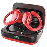 Wireless Earbuds Bluetooth 5&period;4 Headphones&comma; Noise Canceling Ear Buds with 75hr Playtime&comma; LED Power Display&comma; IPX7 Waterproof Earphones Over-Ear Earphones for Sports&sol;Workouts - Red