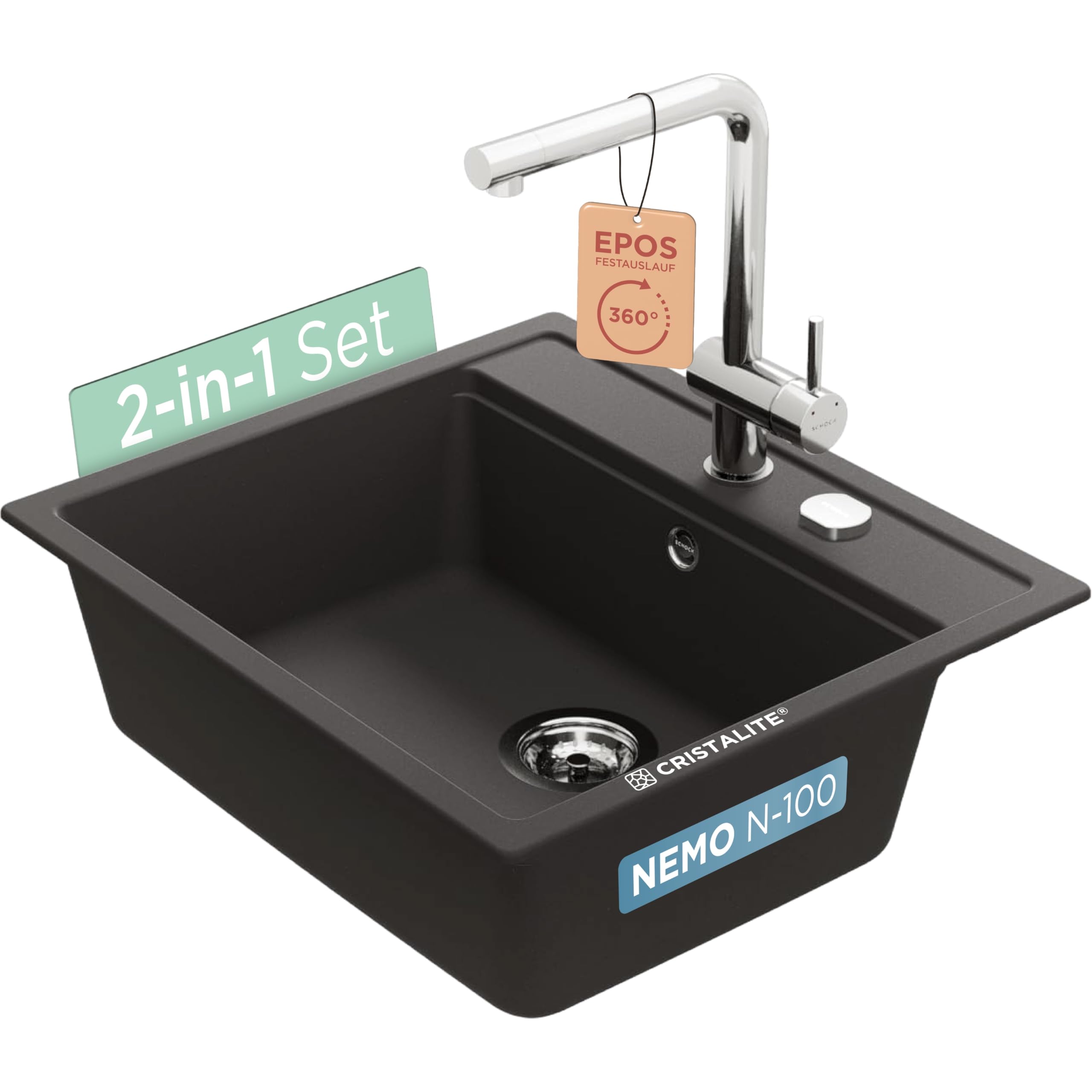 Évier noir Nemo N-100 SCHOCK et robinet Epos en acier inoxydable pour cuisine moderne