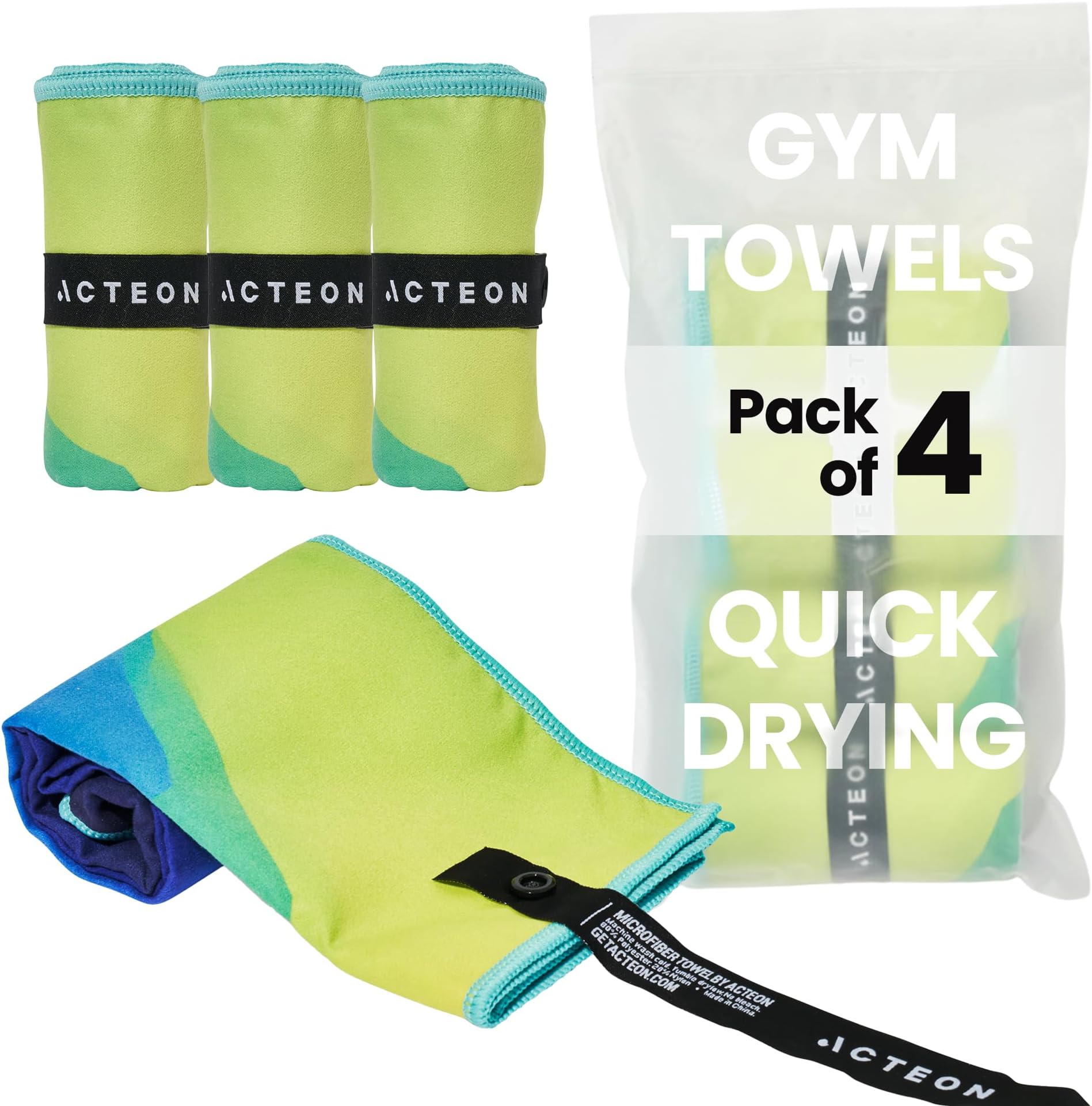 Acteon Microfiber Gym Towels 4 Pack, Quick Dry Odor Free Workout Towels for Men and Women, Super Absorbent Sports Sweat Towel for Gym, Yoga, Running, Travel, 16 x 30.5 Inch