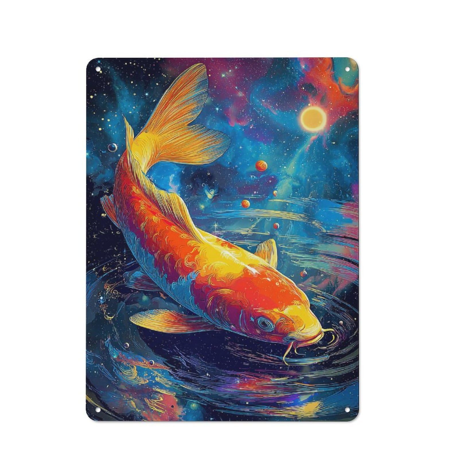 Junmoney Koi Fish In Cosmic Pond Metal Plaque With Design 40X30cm, Vintage Bistro Wall Plaque For Coffee Bar, Kitchen, Bistro Or Tea Corner