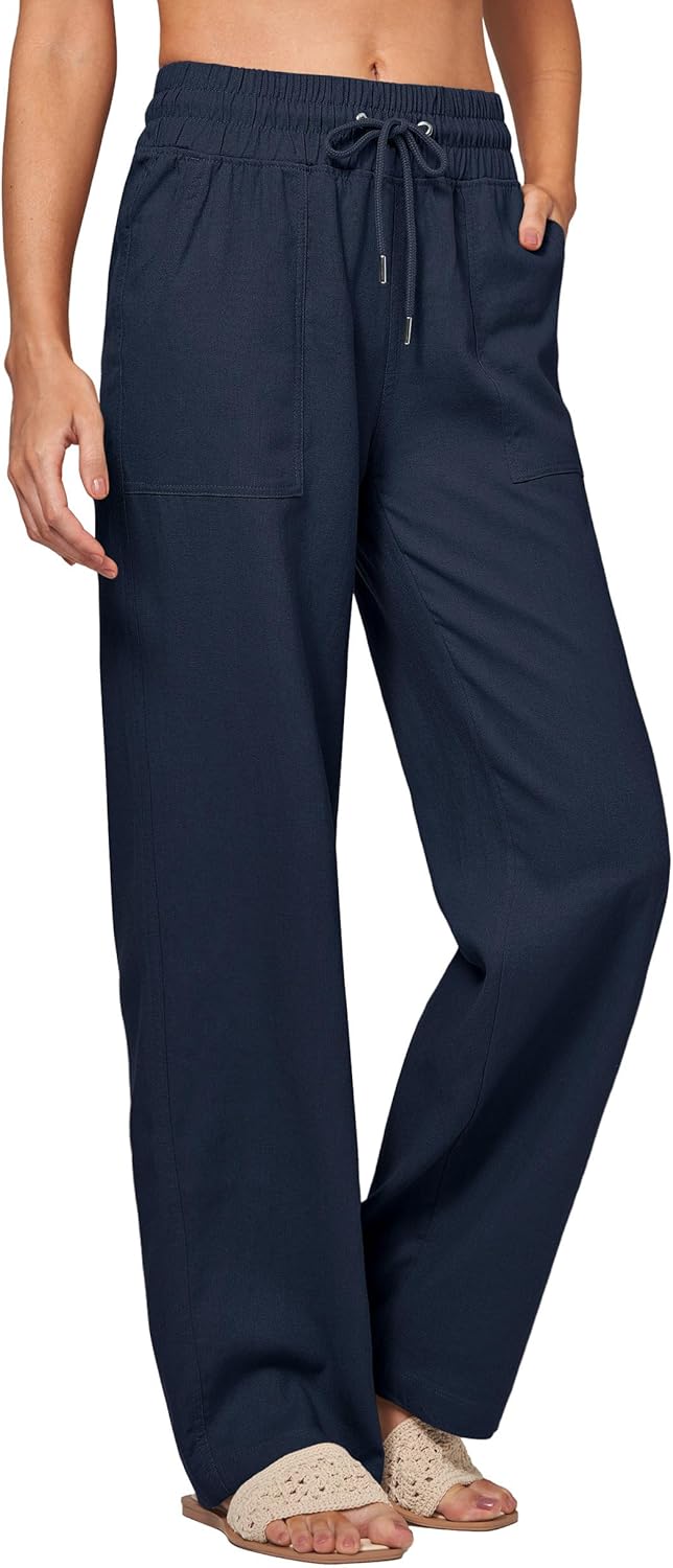 Women Linen Pants Wide Leg Palazzo Pants Cotton Linen Drawstring Summer Pants with Pockets 29"/31"/ 33" - Image 3