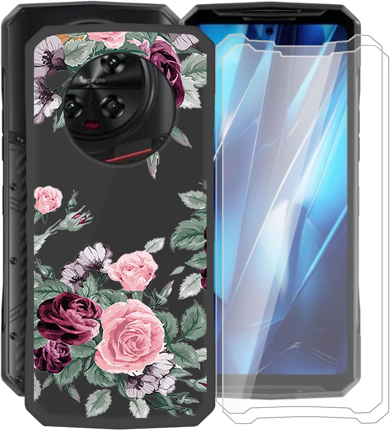for Doogee DK10 Case, with [ 2 x Screen Protector Tempered Glass Film], Black Soft Silicone Cover Shockproof Bumper Protection Case for Doogee DK10 (6.67") - Pink Balloon