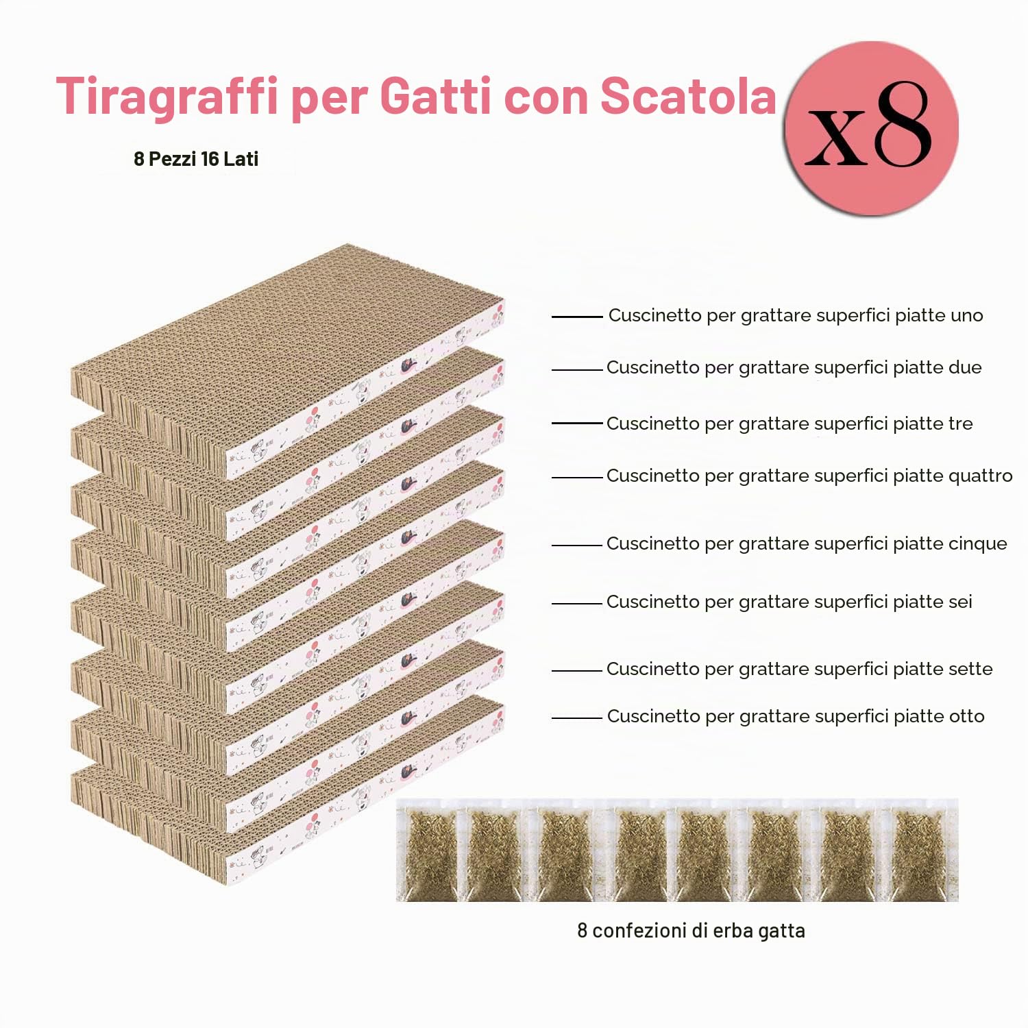 8 confezioni in 1 tiragraffi per gatti, in cartone, reversibile, resistente, riciclabile, di alta qualità, adatto per riposare, macinare artigli e giocare