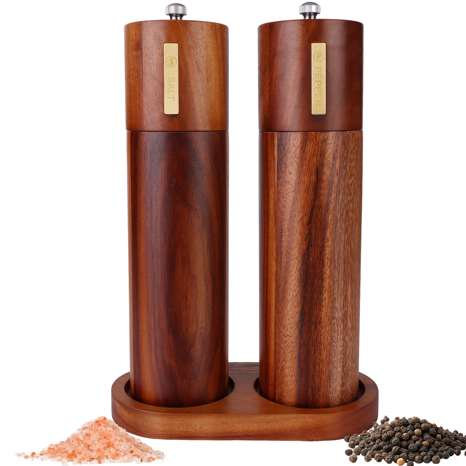 2 Set Wood Salt and Pepper Grinder 8 Inch Manual Salt and Pepper Mill with Tray Adjustable Coarseness Refillable Grinder with Gold Bottle Label Smooth and Quality Grinding Mechanism for Kitchen