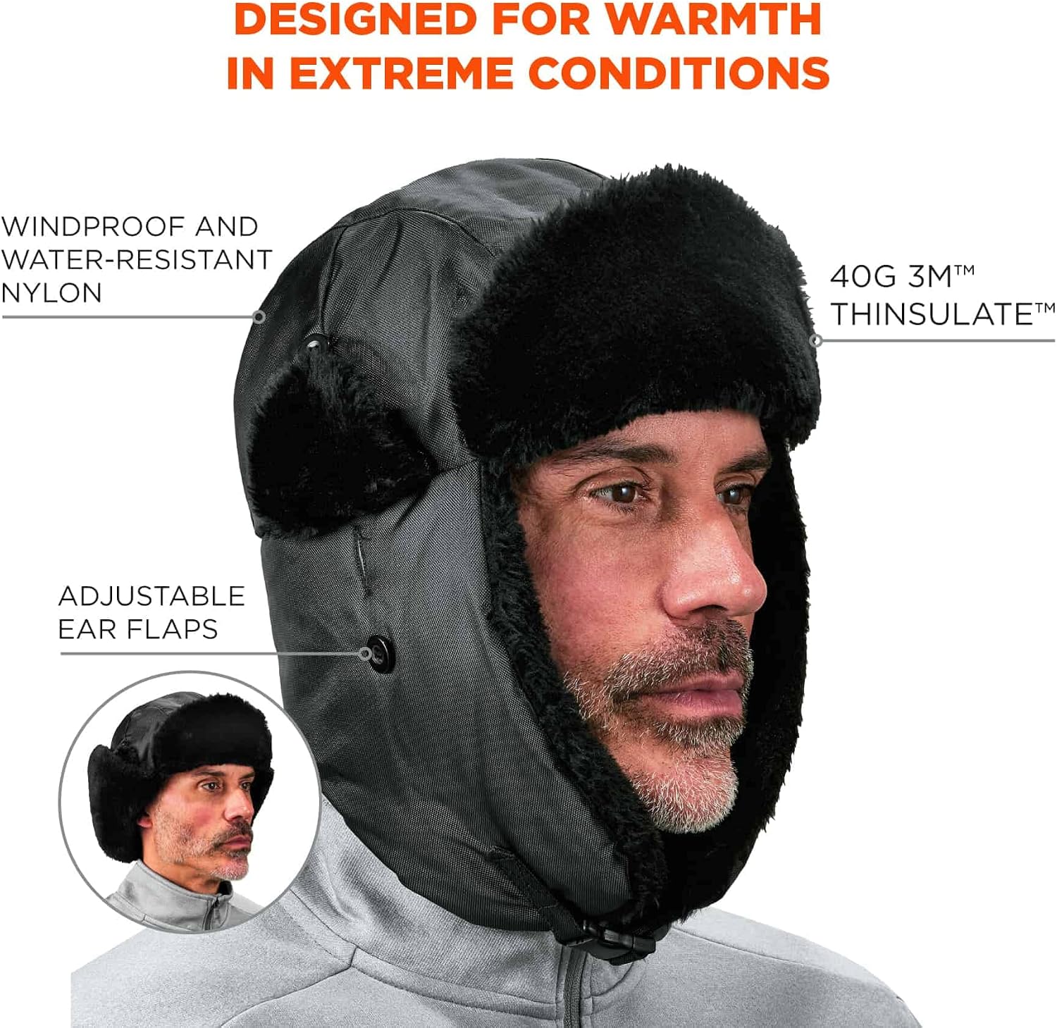 Ergodyne N-Ferno 6802ZI Winter Trapper Hat Includes Bump Cap Insert, Small/Medium, Black