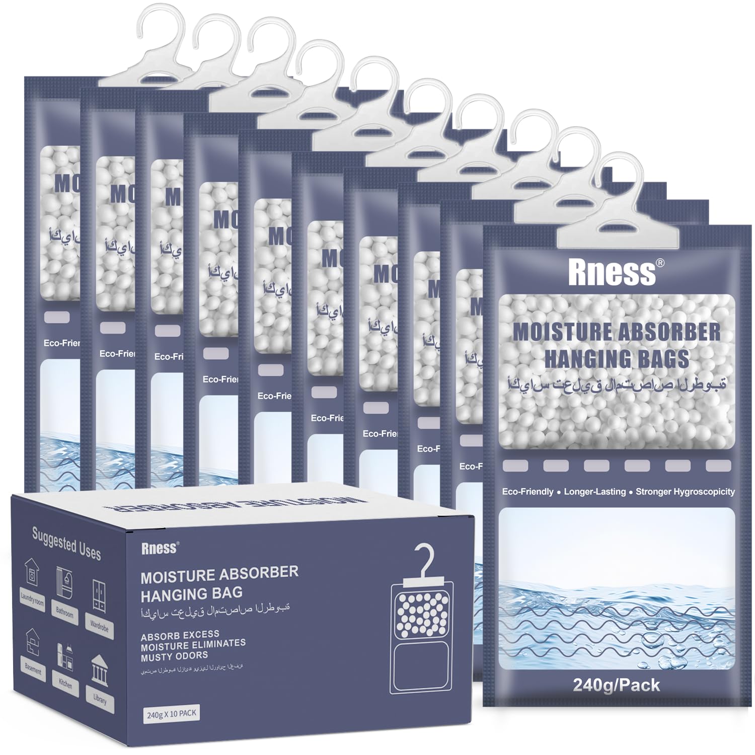 Rness Moisture Absorber Bags (10 Packs, 240g Each) - 2X Larger Capacity Calcium Chloride Hanging Closet Dehumidifier for Closet, Wardrobe, Bathroom, Bedroom-Moisture Absorber with Fragrance Free