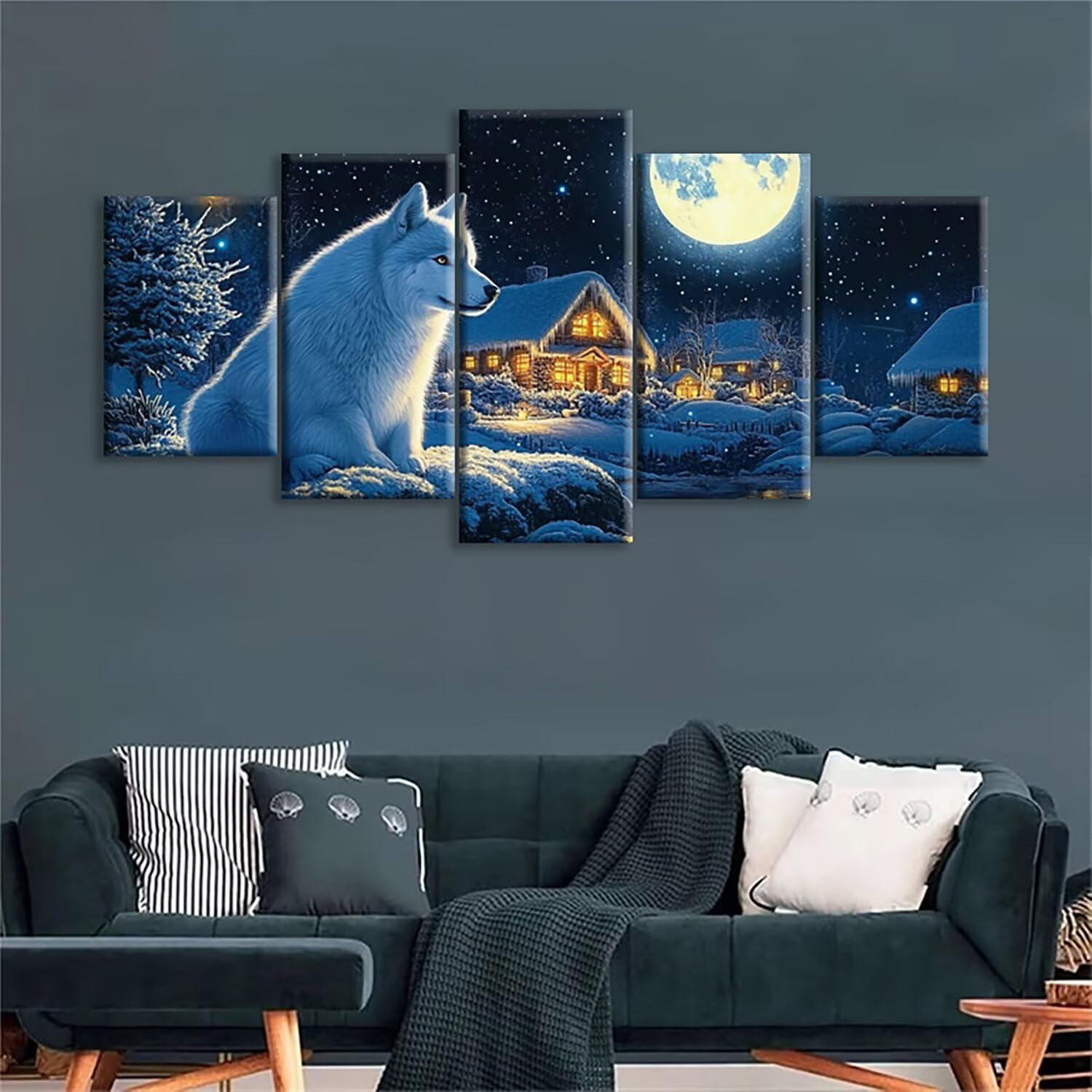 Wolf diamentowy obraz dla dorosłych, duży rozmiar XXL, 150 x 80 cm, 5-częściowy, obraz do malowania diamentami, obraz 5D "zrób to sam", obraz na pełny obraz, haft krzyżykowy, mozaika, rękodzieło