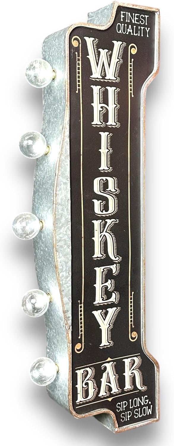 Whiskey Bar Double Sided 25" Battery Operated Marquee LED Sign Galvanized Metal Vintage Inspired Home Wall Decor (25" x 9" x 3")
