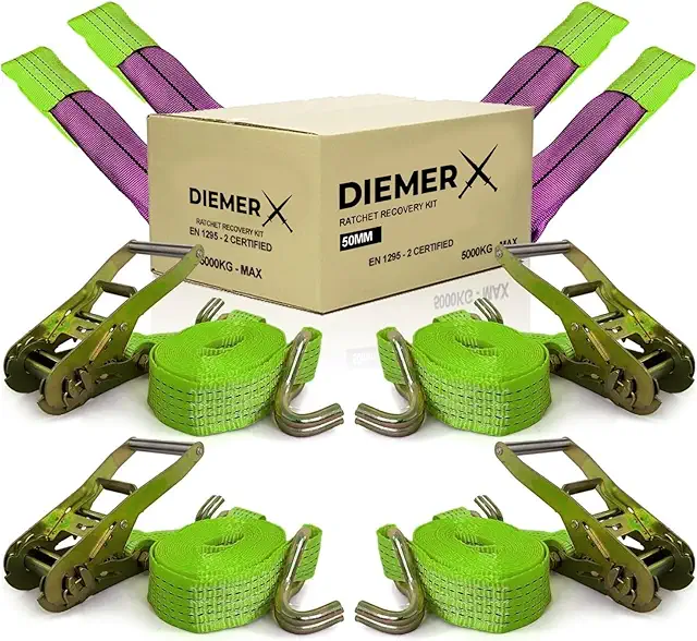 DIEMER Recovery Truck Straps 5000KG Ratchet Tie Down Set with Wheel Straps x4