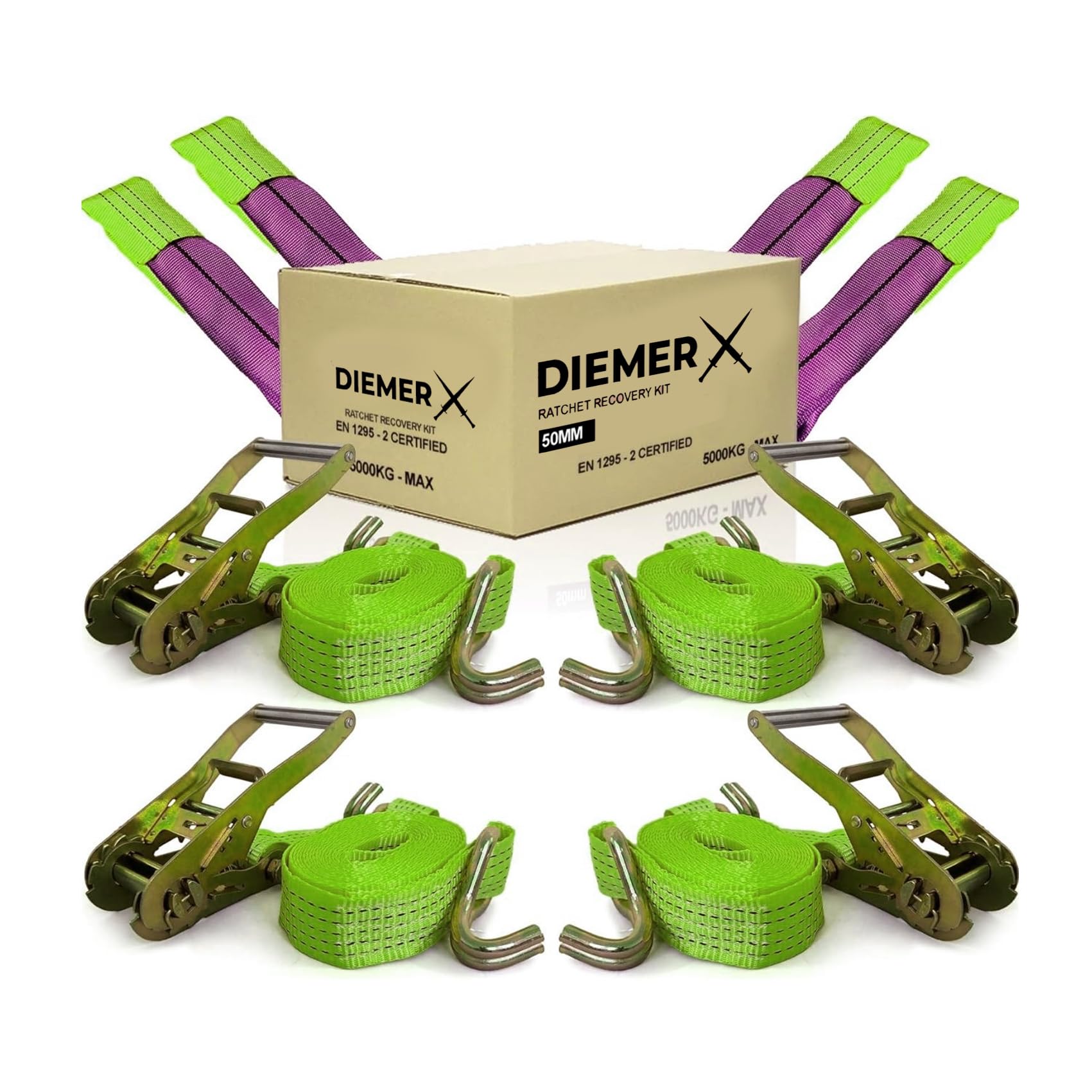 DIEMER® Set di cinghie per rimorchio e auto, con cricchetto, per veicoli di recupero, 5000 kg, 4 pezzi
