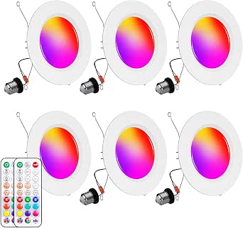 Recessed Lighting 5/6 Inch, 6Pack Color Changing LED Can Lights for Ceiling, 13W 1050LM Retrofit Recessed Lights with Baffle Trim, RGBCW Downlight Dimmable by Remote Control, Memory, Delayed Light Off