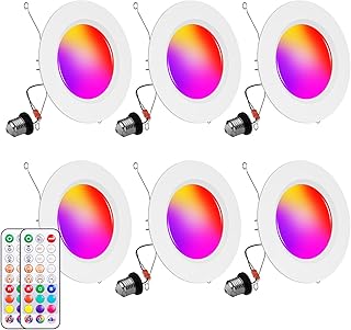 Recessed Lighting 5/6 Inch, 6Pack Color Changing LED Can Lights for Ceiling, 13W 1050LM Retrofit Recessed Lights with Baffle Trim, RGBCW Downlight Dimmable by Remote Control, Memory, Delayed Light Off