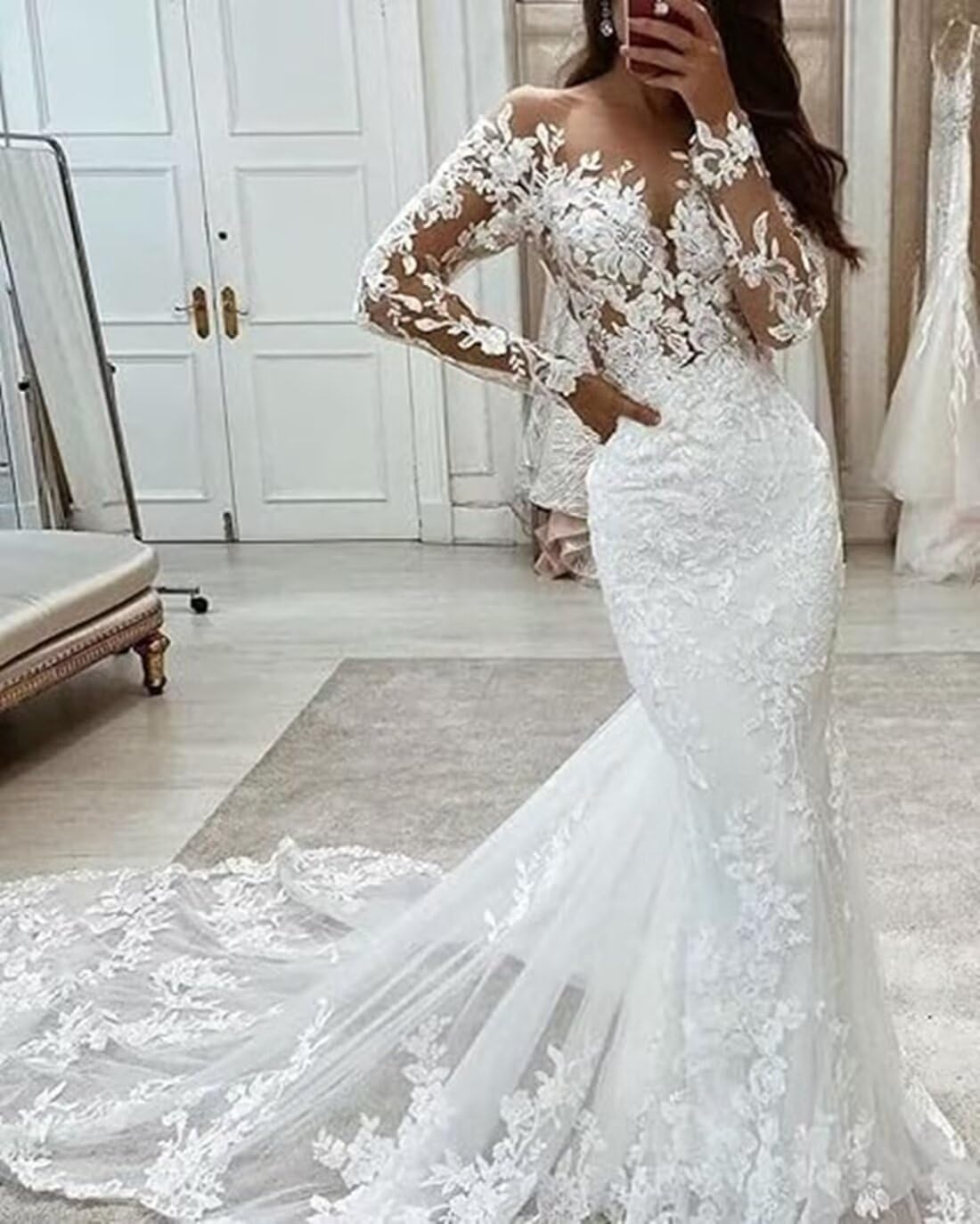 Women's Illusion Lace Beach Bridal Ball Gowns Mermaid Wedding Dresses for Bride with Long Sleeves Train Plus Size
