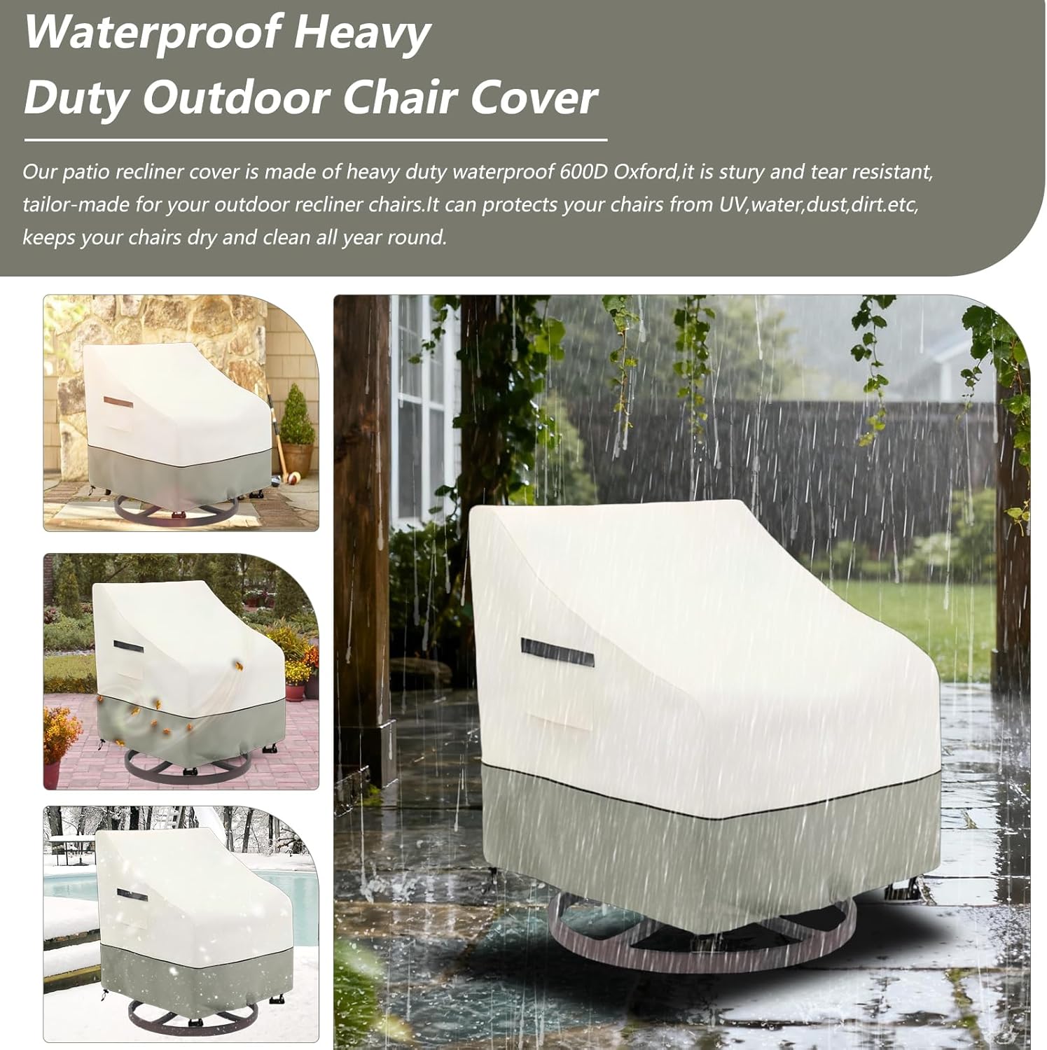 Outdoor Swivel Chair Covers 2 Pack - Premium 600D Outdoor Adirondack Chair Cover with Heavy-Duty Waterproof Protection for Patio Rocking Chairs.(33 W x 35 D x 38.5 H in,White&Grayish Green)