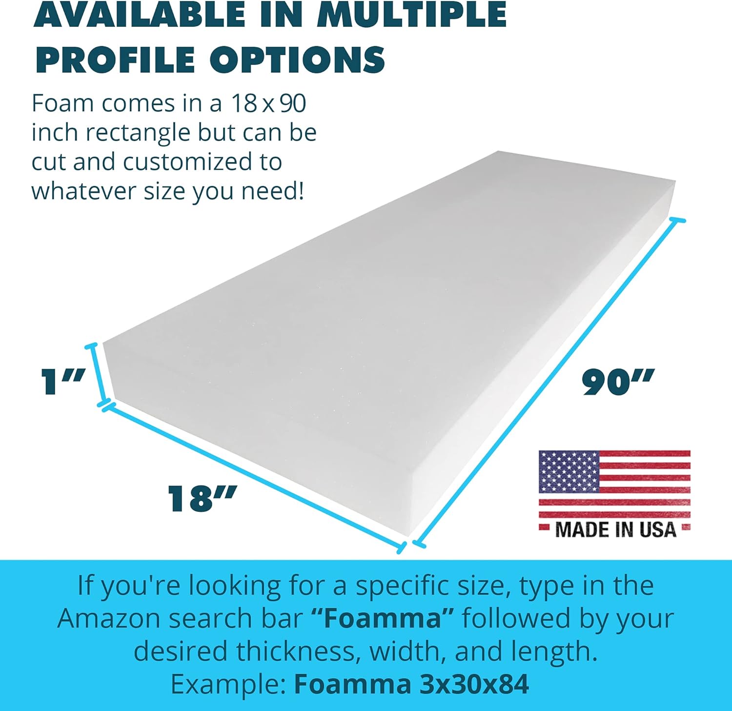 Foamma 1" x 18" x 90" High Density Upholstery Foam Padding, Thick-Custom Pillow, Chair, and Couch Cushion Replacement Foam, Craft Foam Upholstery Supplies, Foam Pad for Cushions and Seat Repair