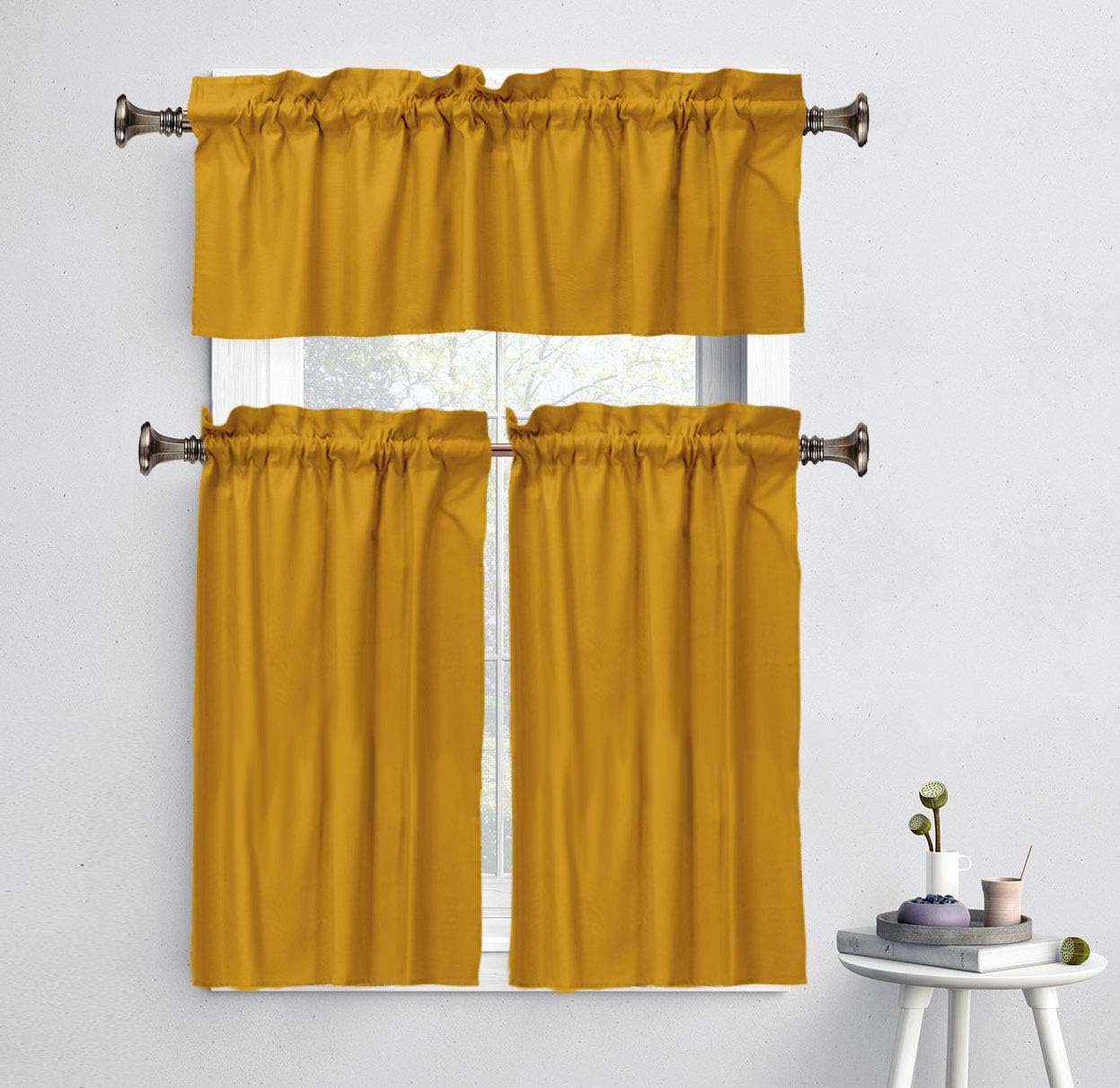Plain Cotton Valance, Decorative Window Rod Pocket Valance Half Drape for Kitchen Window 2 Panel,30x36 Inches, Mustard Yellow