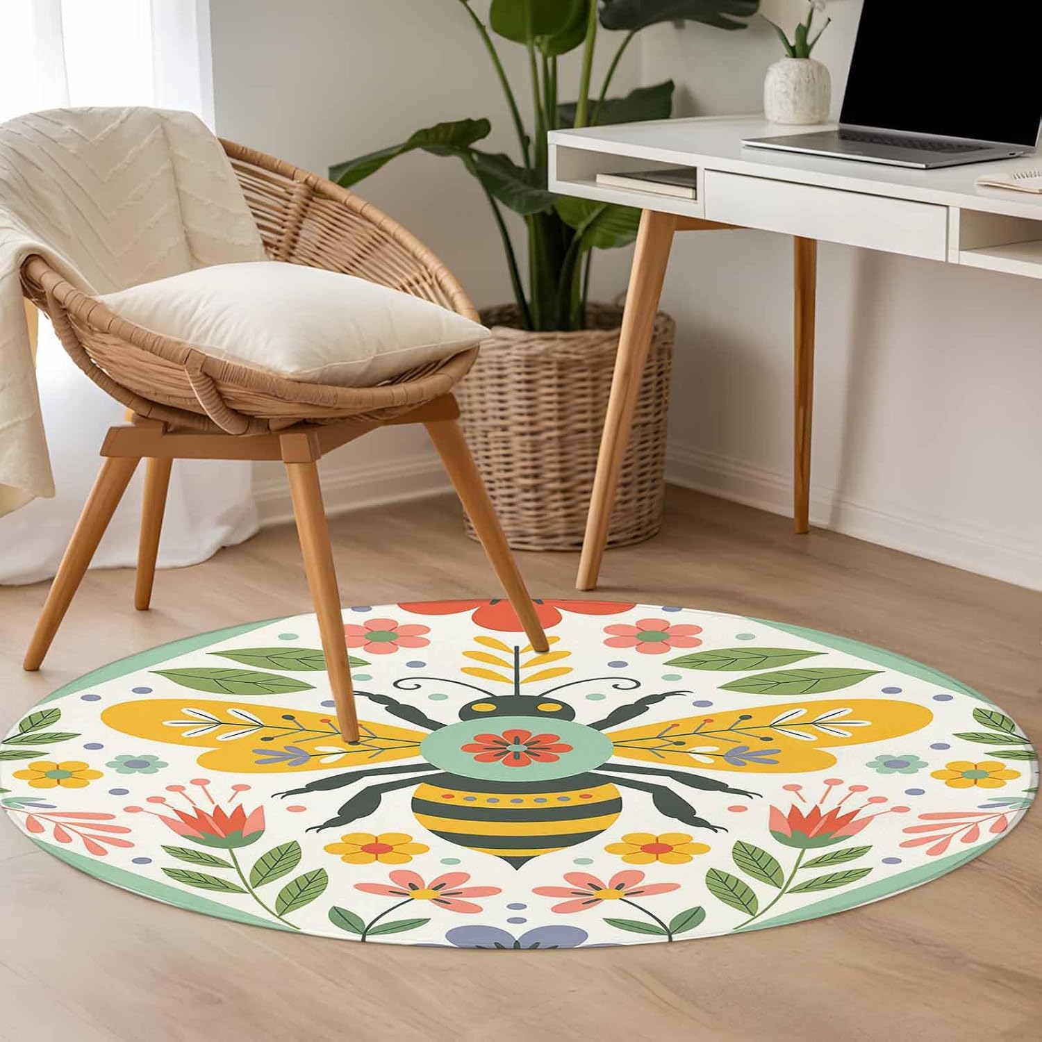 Flowers Bee Round Rug 3ft Washable Circle Entryway Rugs Non Slip Retro Country Botanical Floral Plants Dots Area Rug Indoor Floor Carpet for Bedroom Kitchen Living Room Home Office Dining Room Nursery